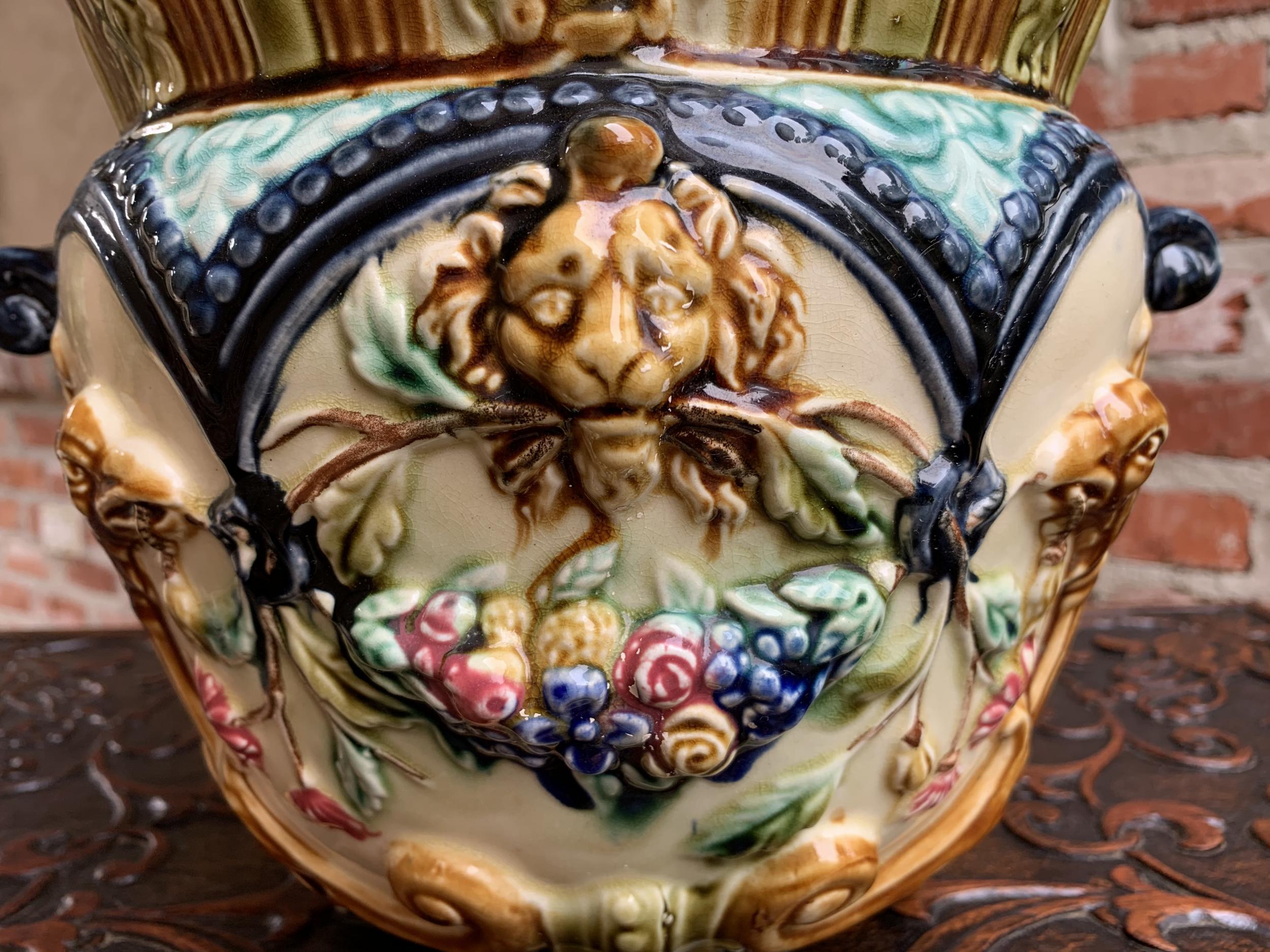 19th Century 19th century French Majolica Cache Pot Planter Jardinière Lion Onnaing Barbotine