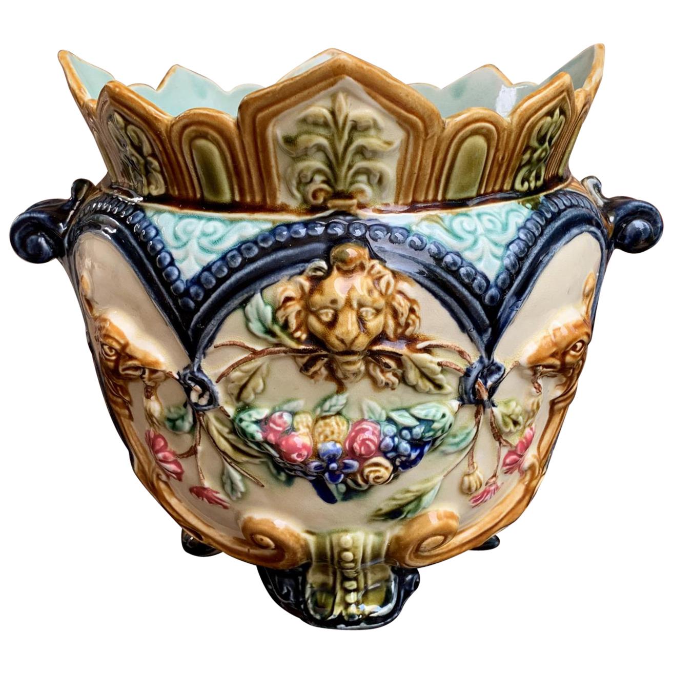 19th century French Majolica Cache Pot Planter Jardinière Lion Onnaing Barbotine