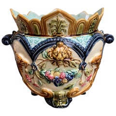 19th century French Majolica Cache Pot Planter Jardinière Lion Onnaing Barbotine