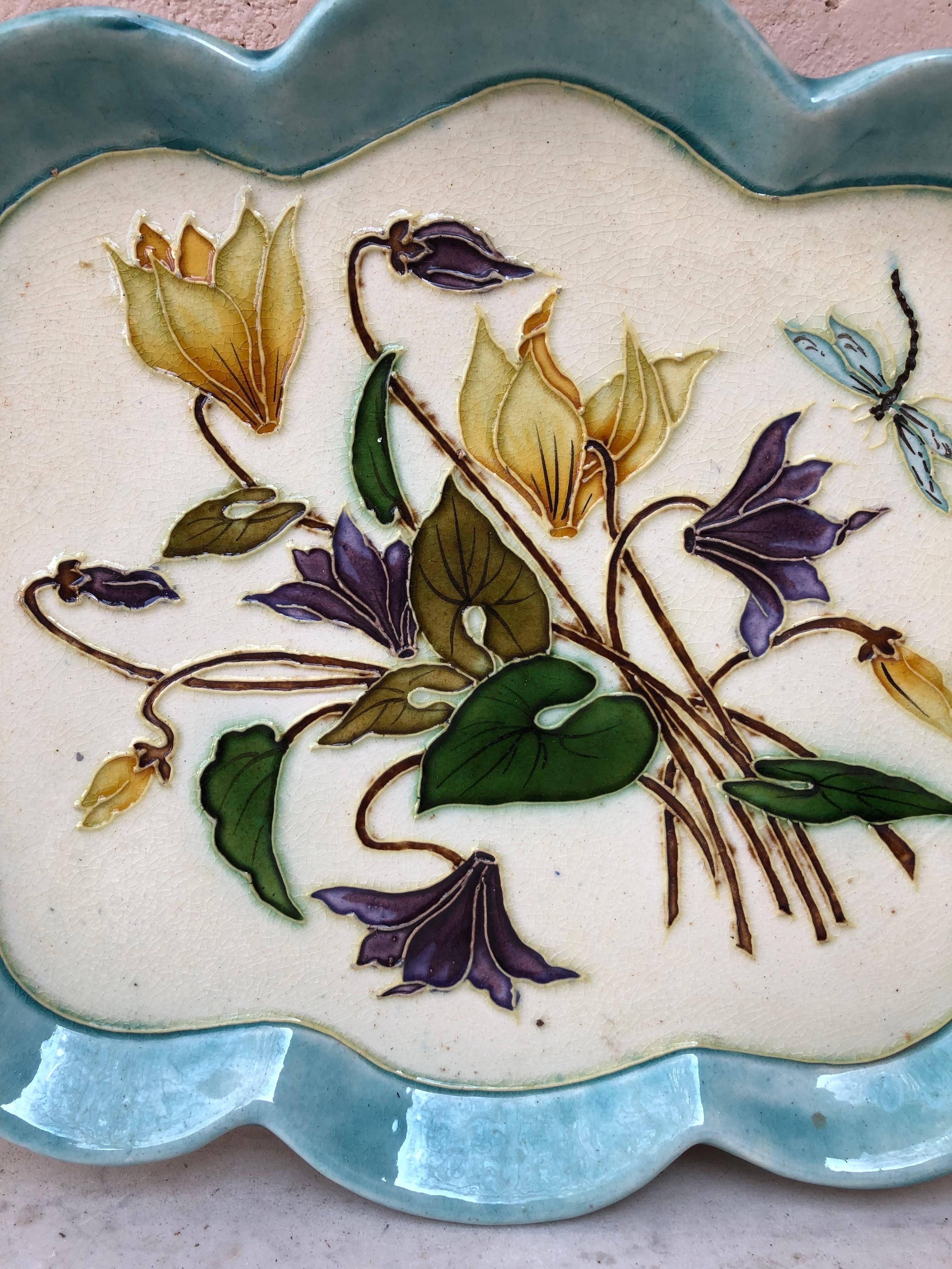 19th Century French Majolica Cyclamens & Dragonfly Platter.
Art Nouveau Period.