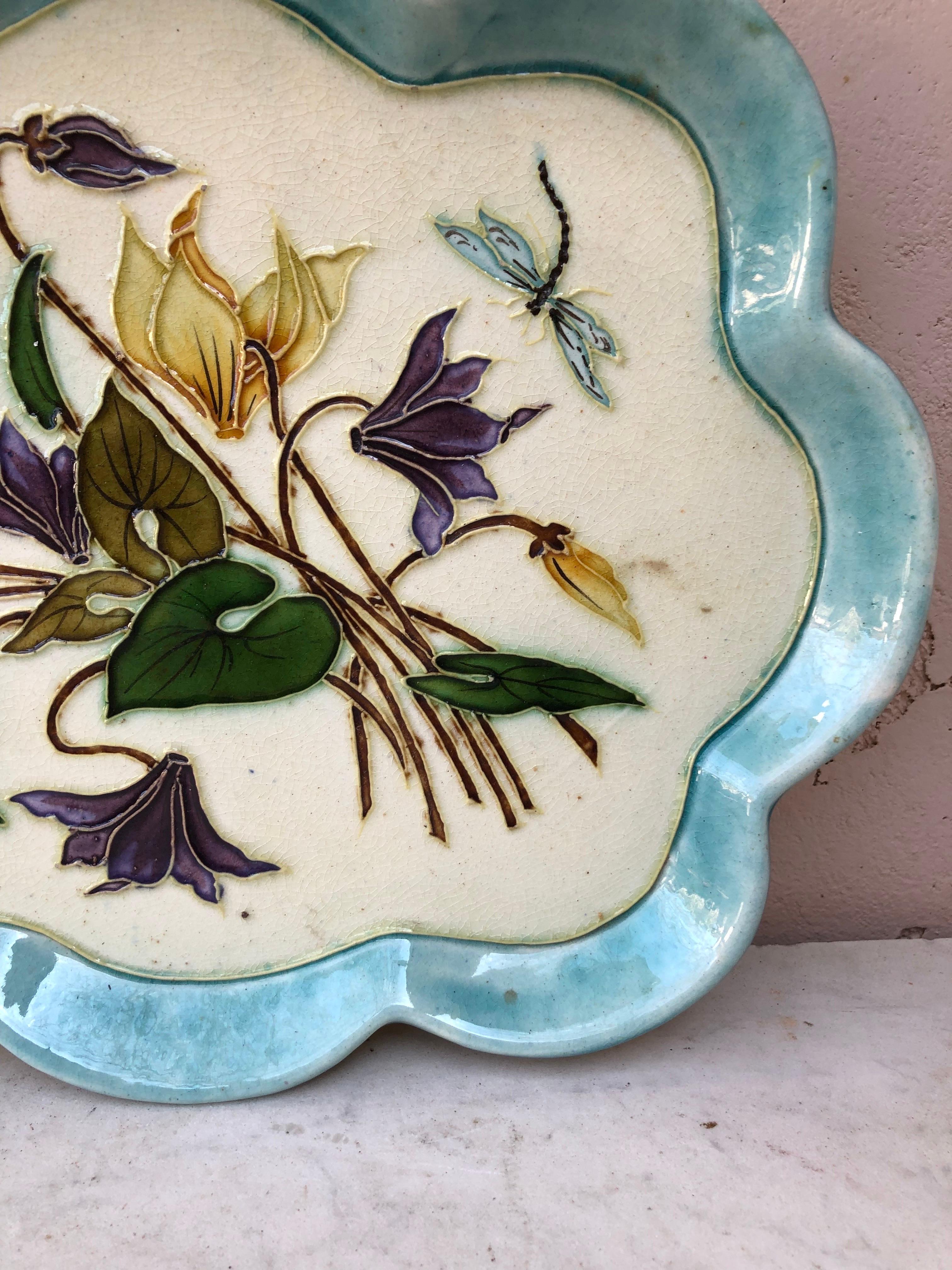 Art Nouveau 19th Century French Majolica Cyclamens & Dragonfly Platter