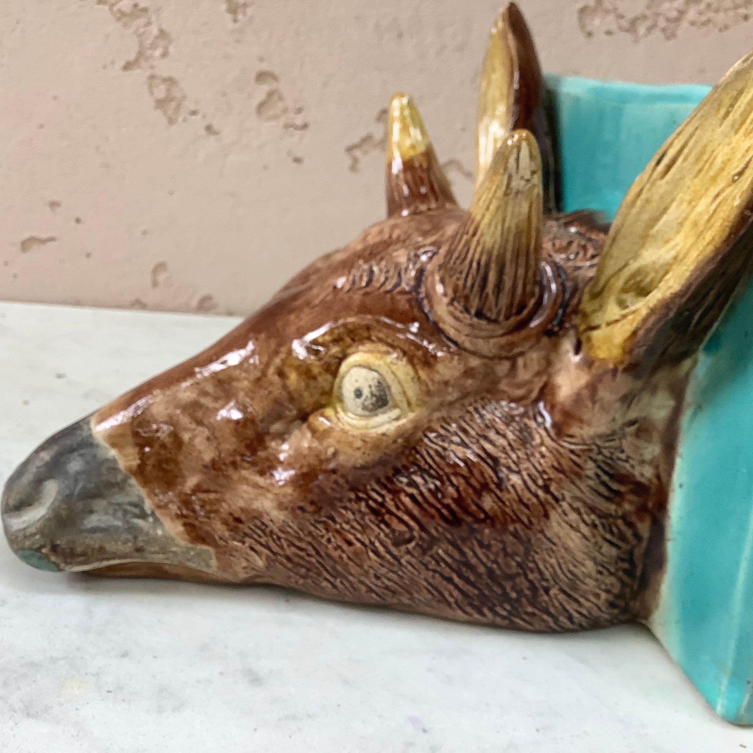 19th Century French Majolica Deer Head Shelf Applique In Good Condition In Austin, TX