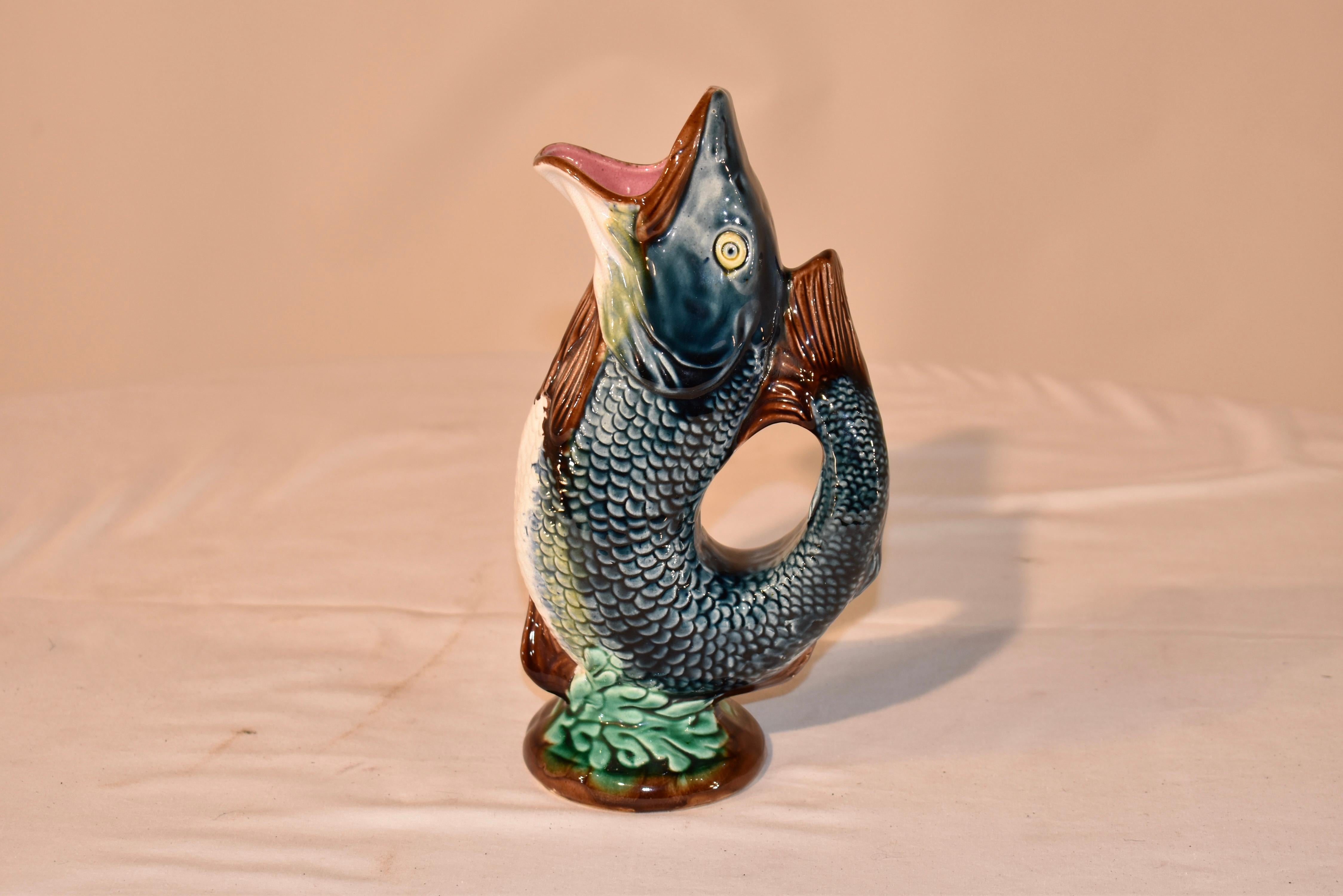 19th Century French majolica fish pitcher in lovely shades of blue, green, gray, brown and yellow. These are wonderfully whimsical pitchers that make a 