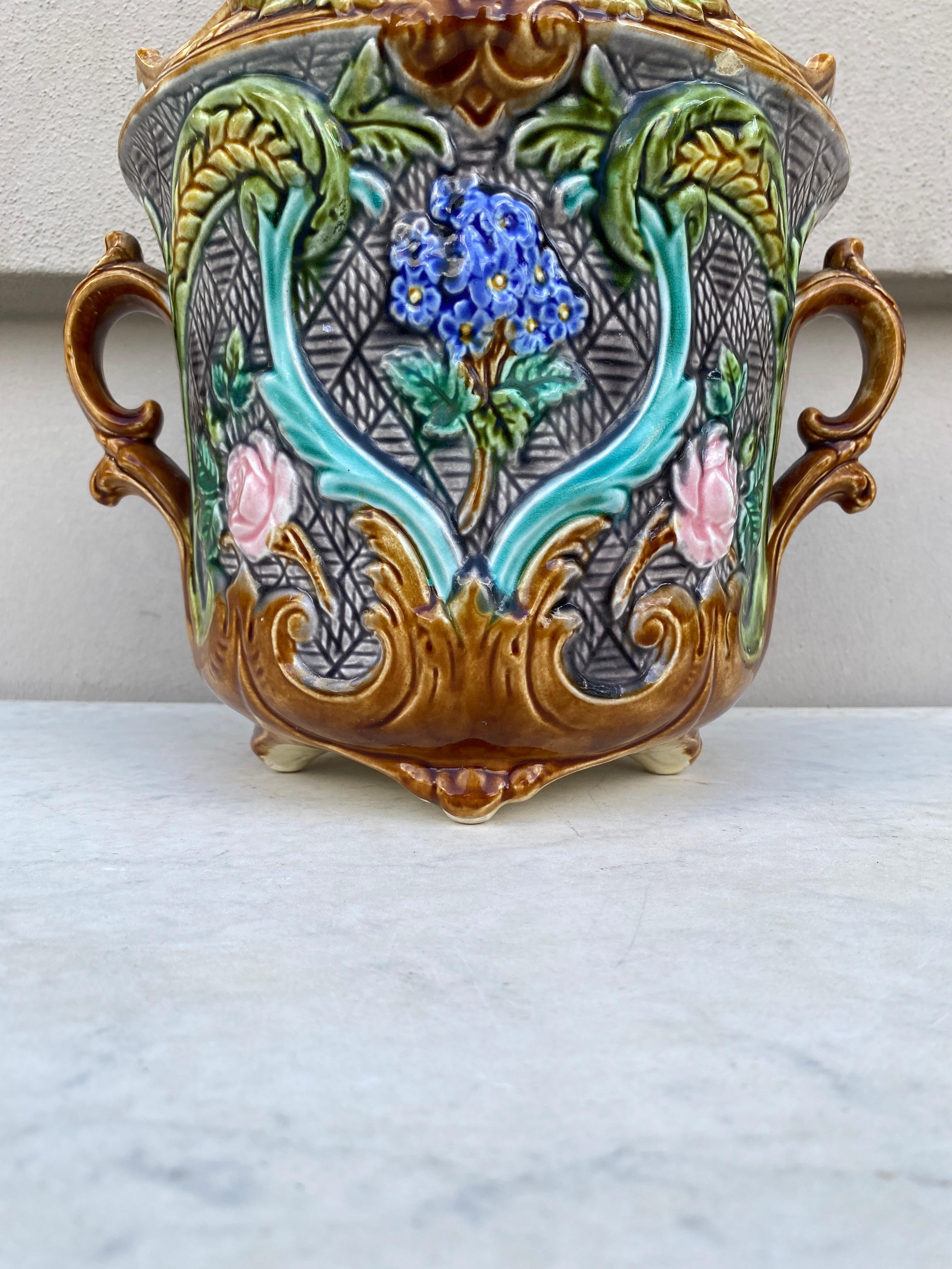 Ceramic 19th Century French Majolica Flowers Jardiniere Onnaing For Sale