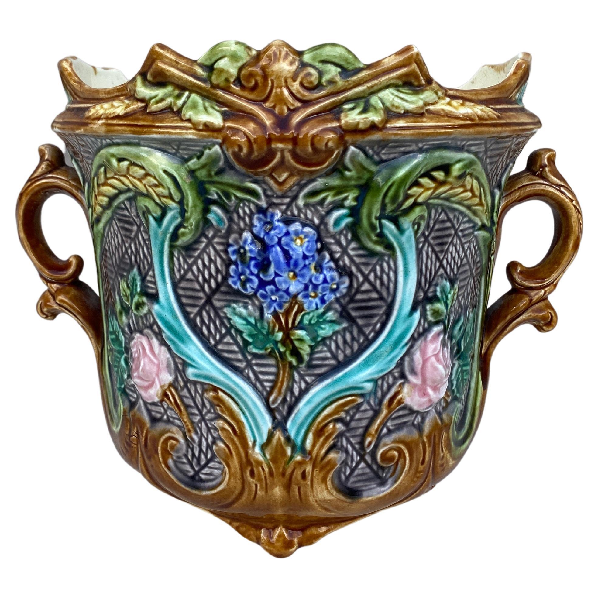 19th Century French Majolica Flowers Jardiniere Onnaing For Sale at 1stDibs
