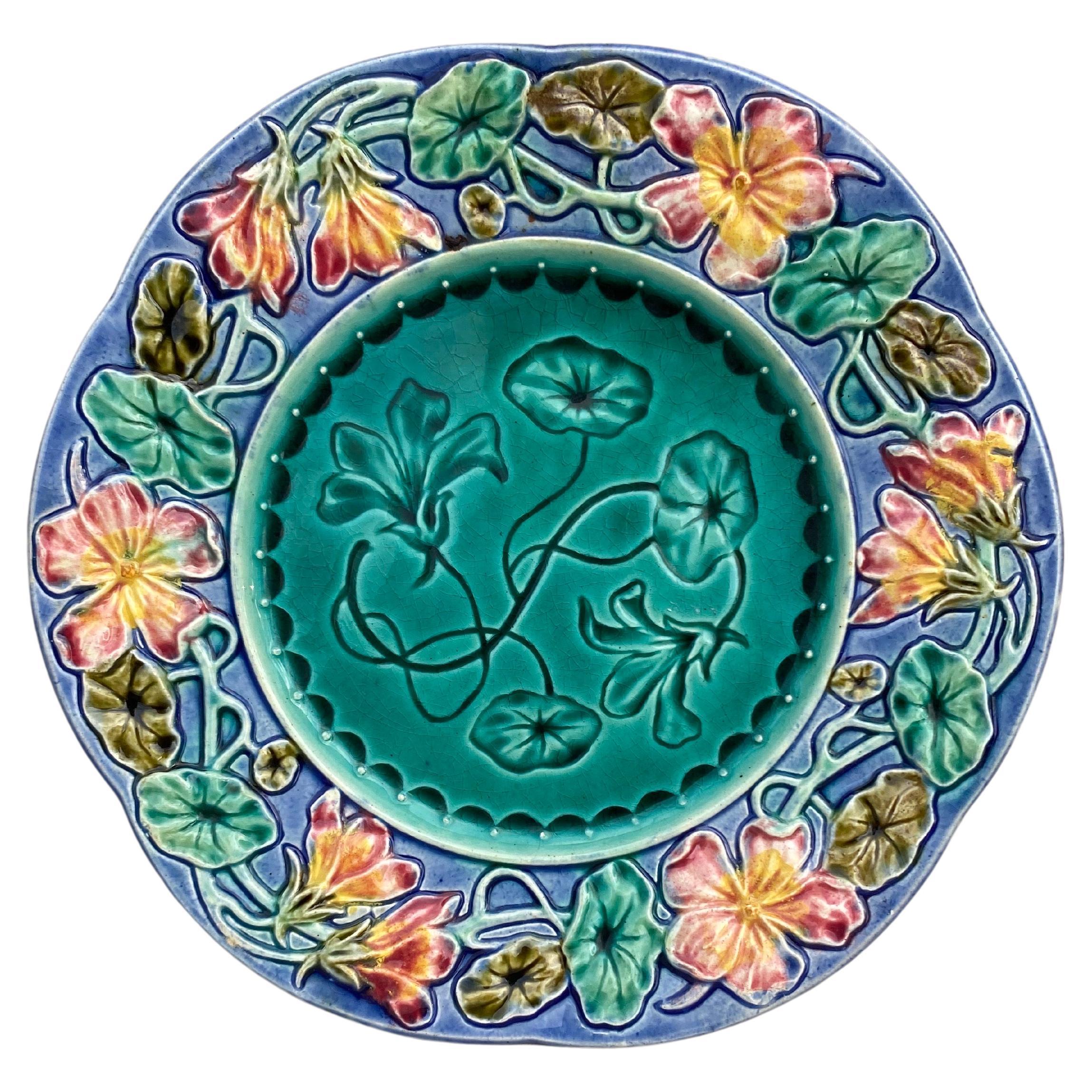 19th Century French Majolica Flowers Plate For Sale