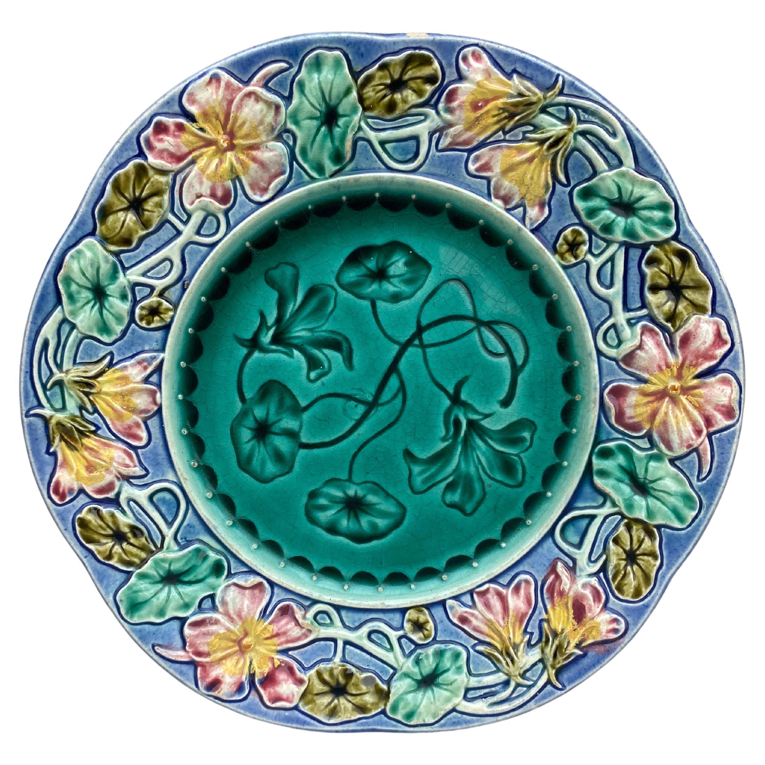 19th Century French Majolica Flowers Plate For Sale