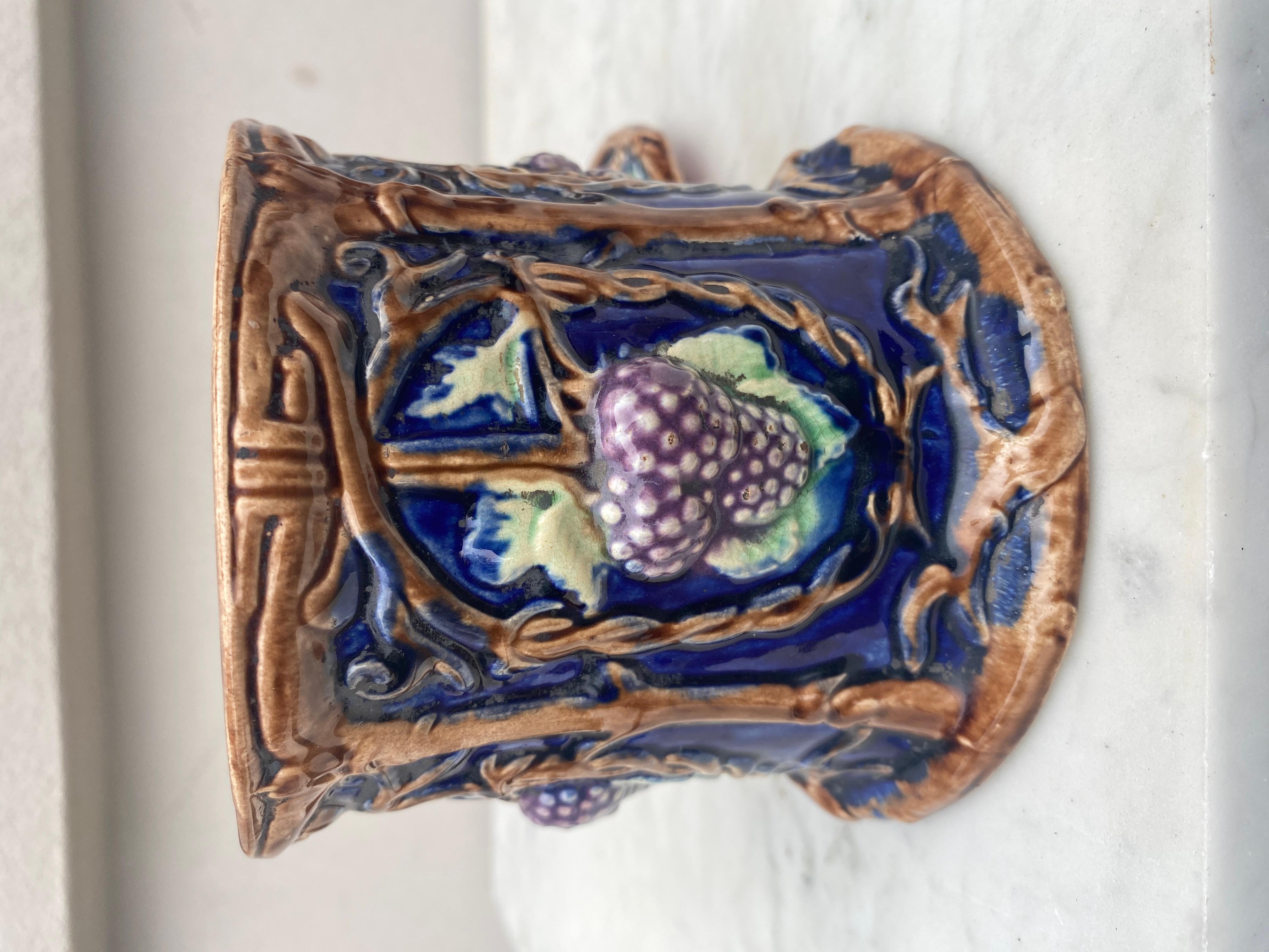 Ceramic 19th Century French Majolica Grapes Lidded Jar For Sale