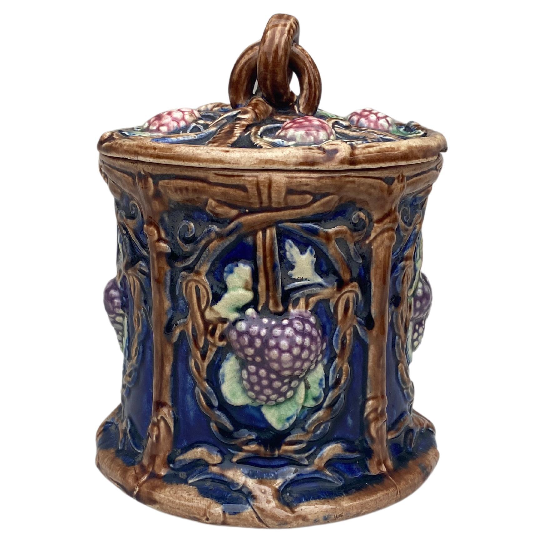 19th Century French Majolica Grapes Lidded Jar For Sale