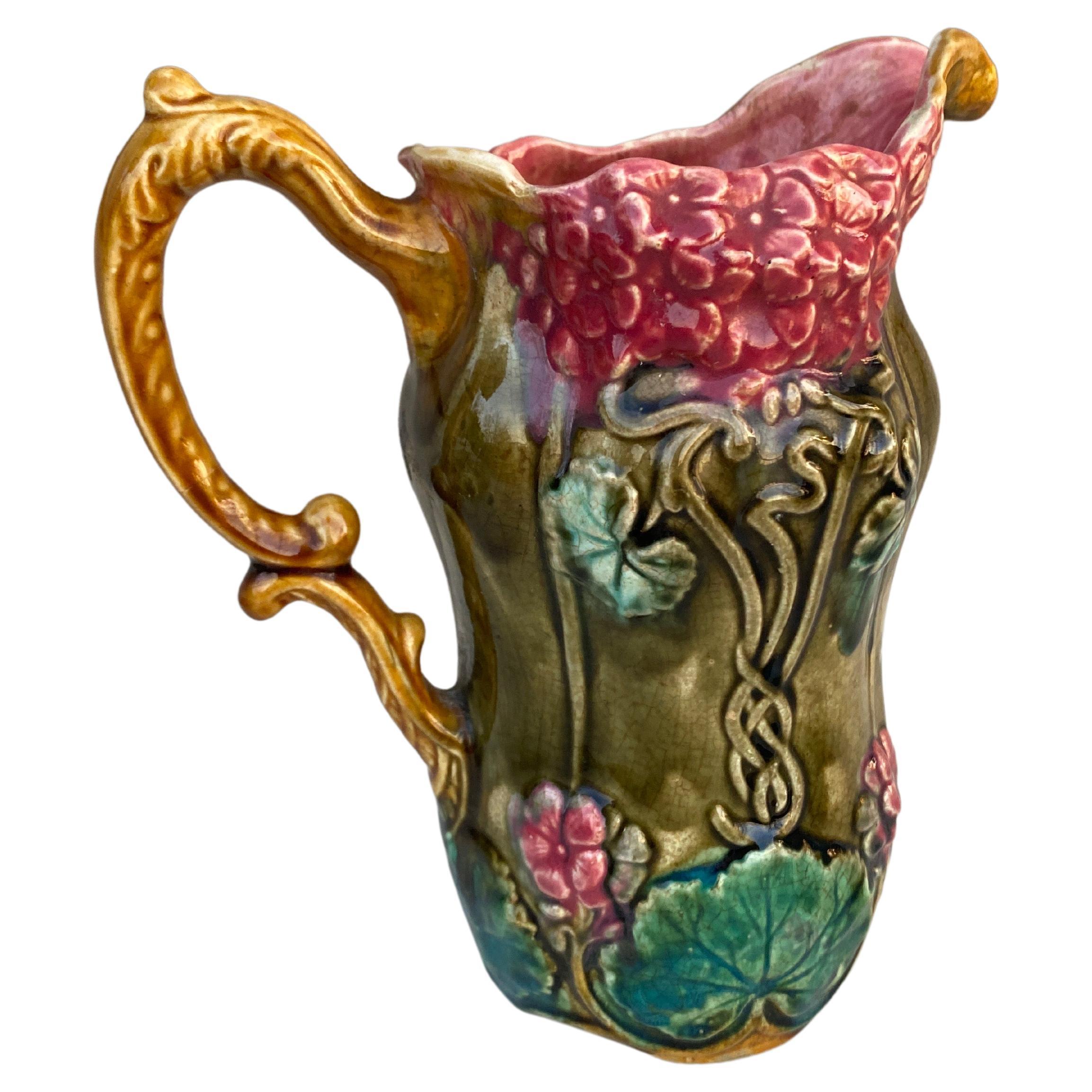19th Century French Majolica hydrangeas pitcher signed Onnaing.