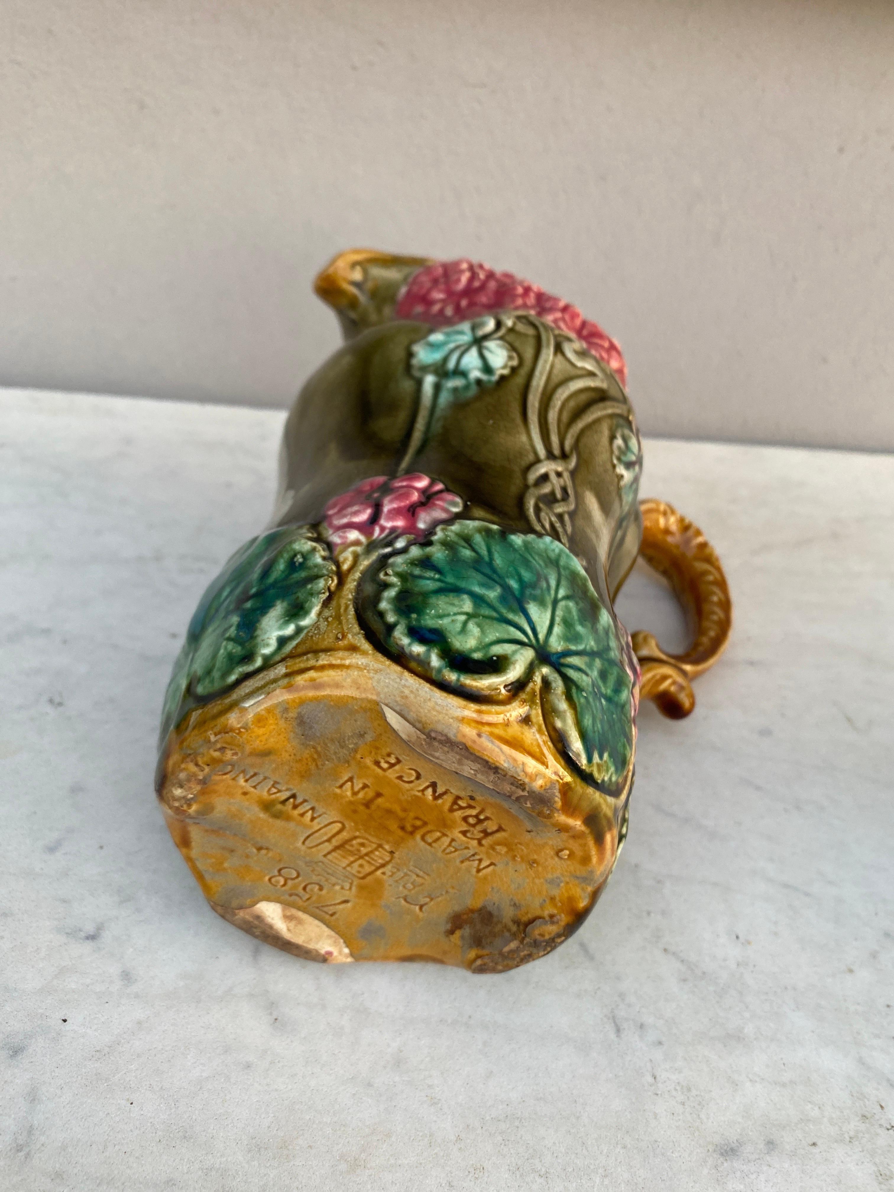 Ceramic 19th Century, French Majolica Hydrangeas Pitcher Onnaing For Sale