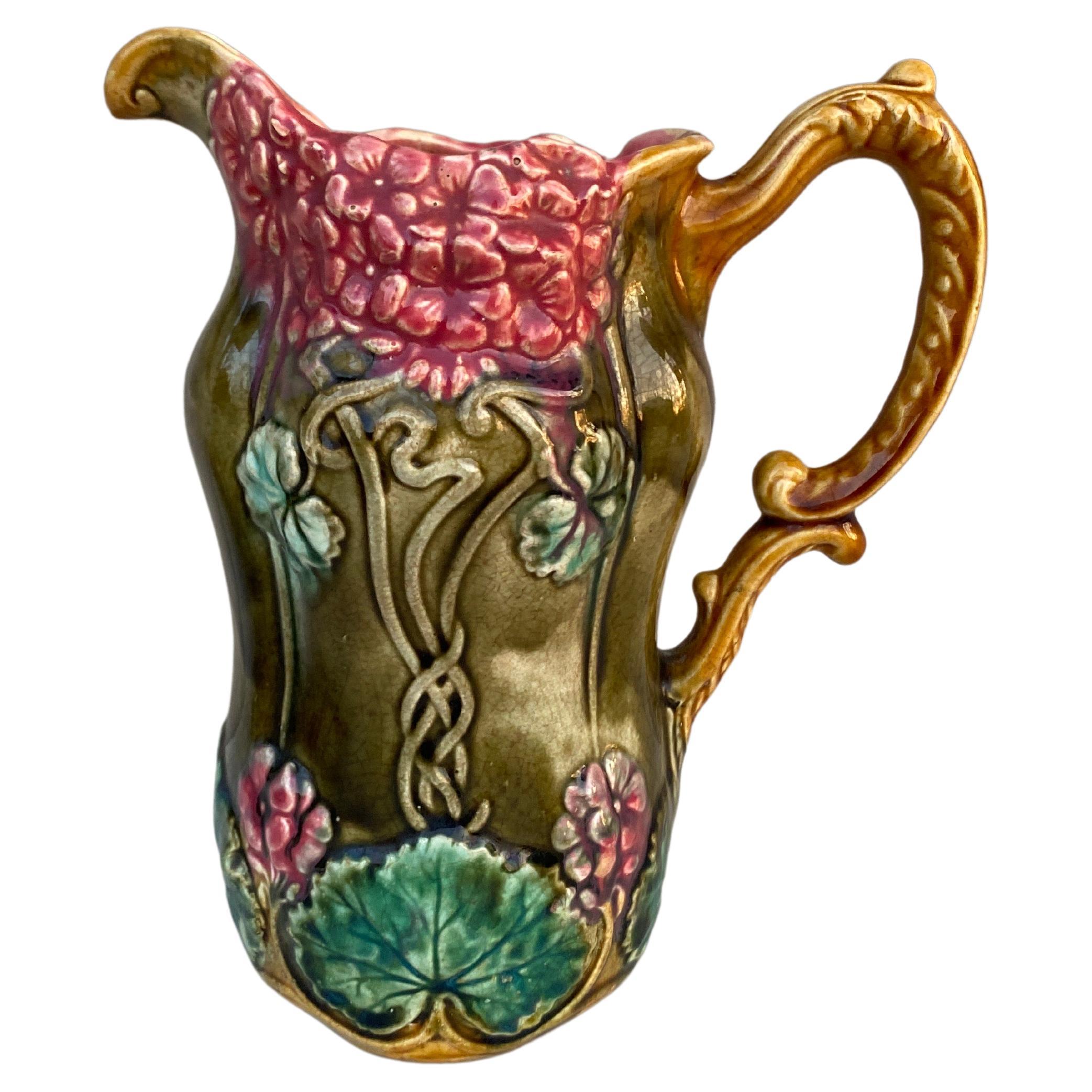 19th Century, French Majolica Hydrangeas Pitcher Onnaing For Sale