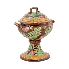 19th Century French Majolica Lidded Vase with Foliage, Flowers and Greek Key