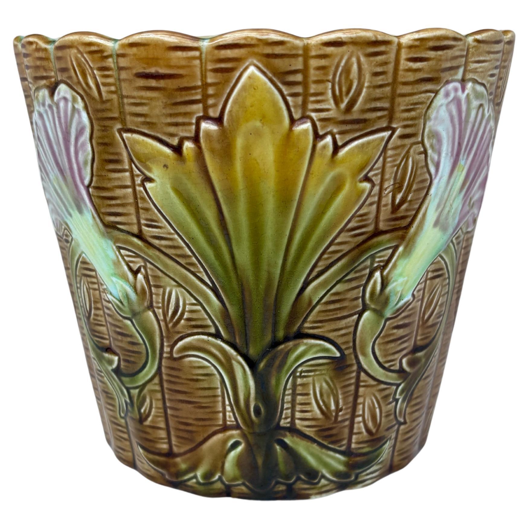 19th Century French Majolica Morning Glory Cache Pot