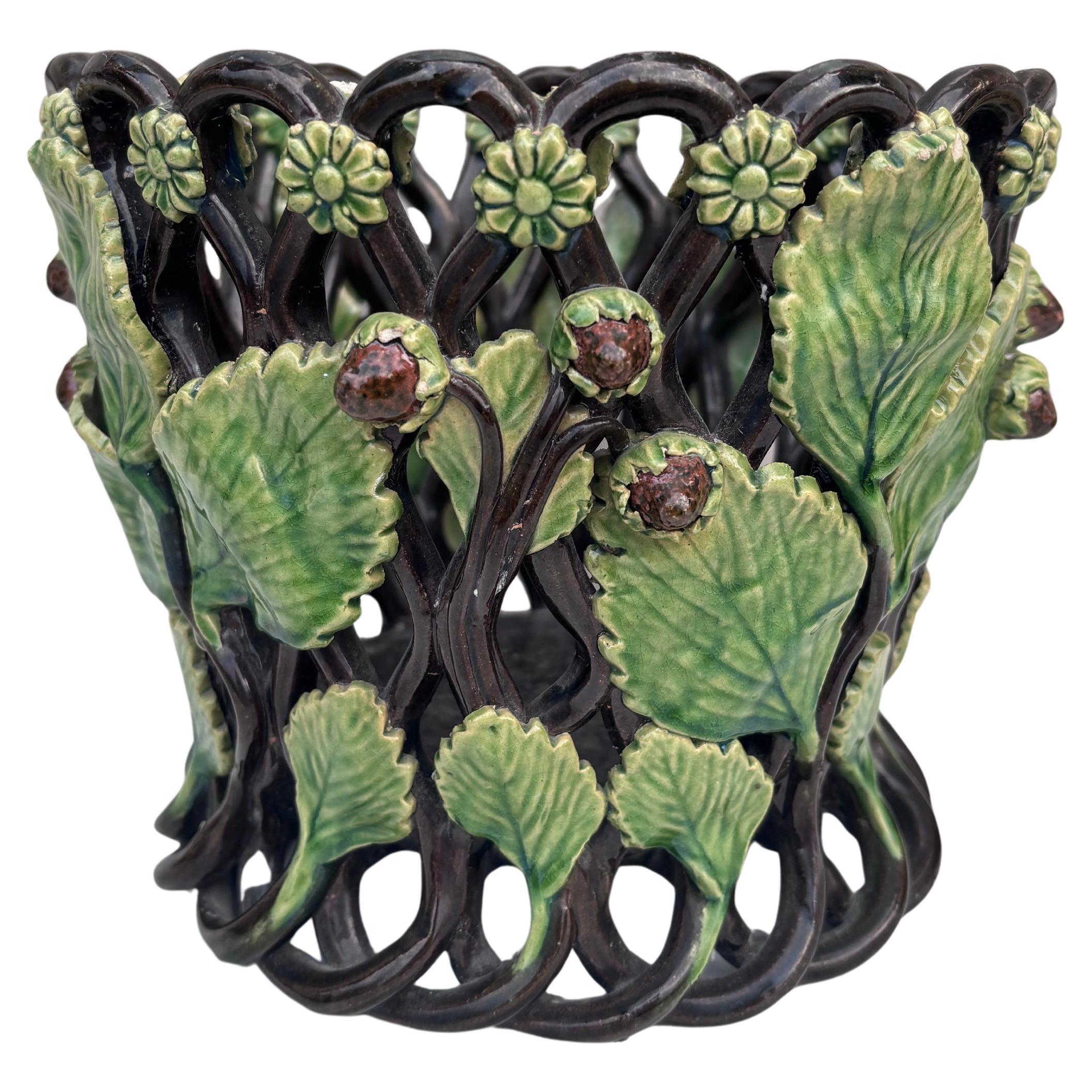 19th Century French Majolica Palissy Reticulated Cache Pot Roanne