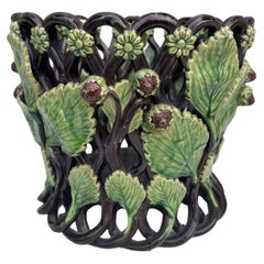 19th Century French Majolica Palissy Reticulated Cache Pot Roanne
