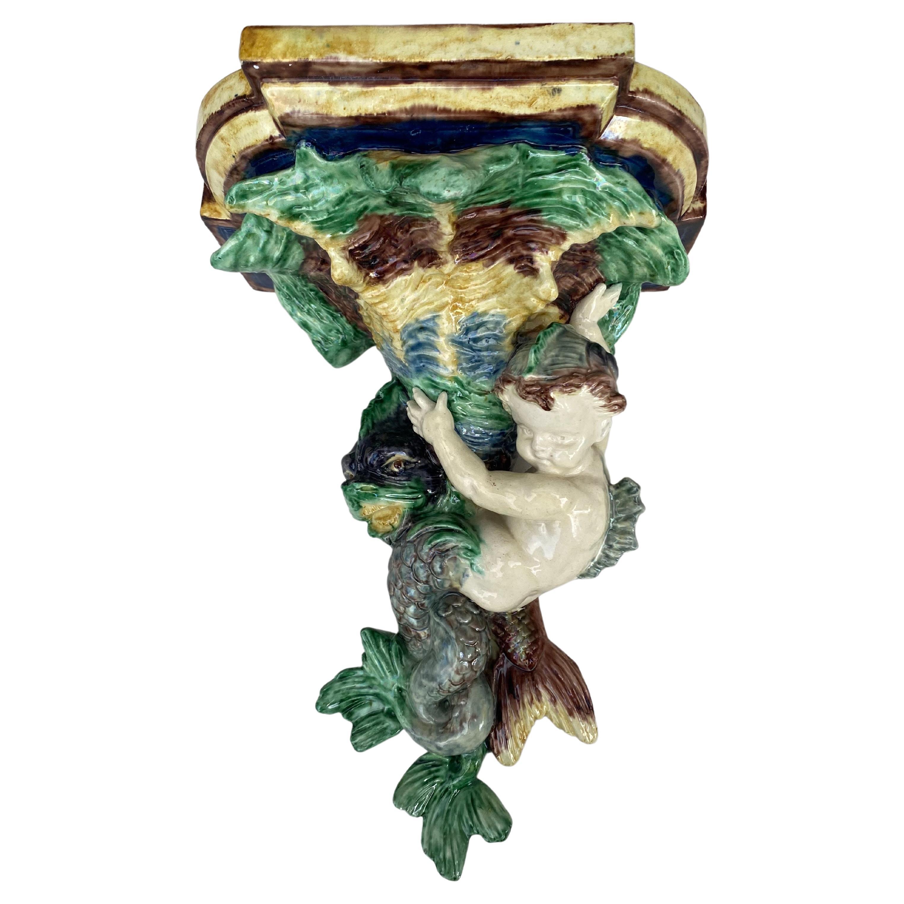 19th Century French Majolica Palissy Wall Bracket Shelf With Putti Merman