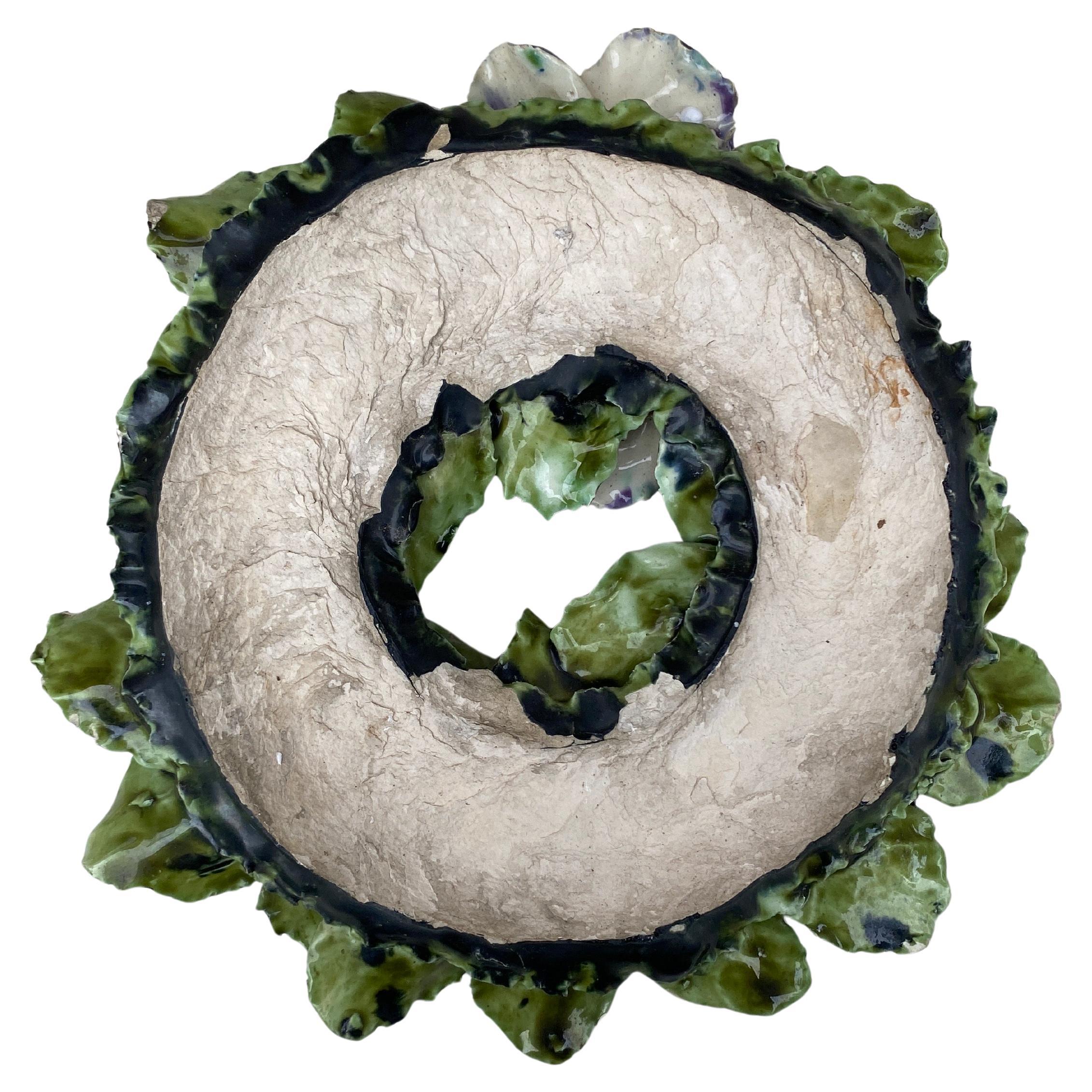 19th Century French Majolica Pansies Crown Decoration In Distressed Condition For Sale In Austin, TX