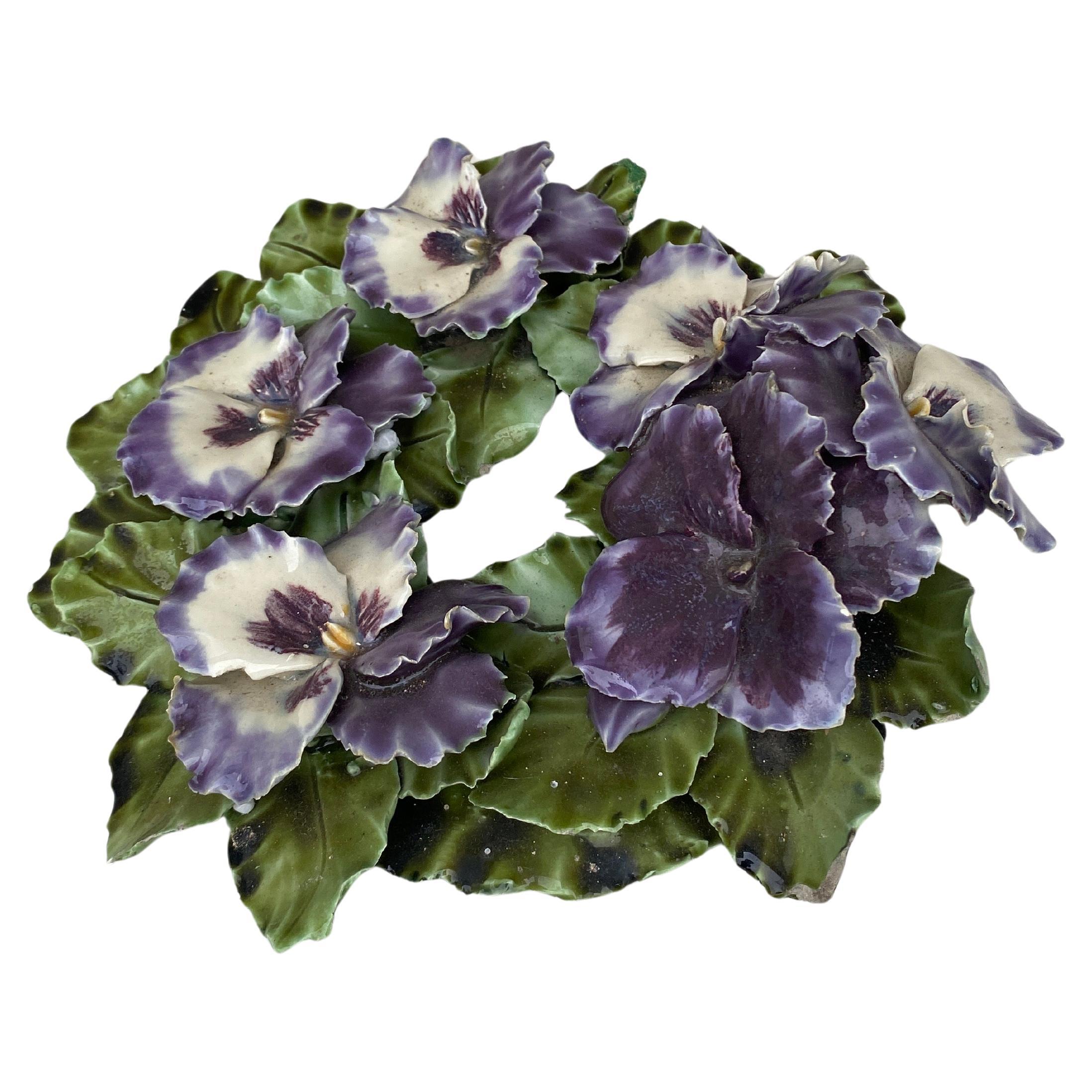 19th Century French Majolica Pansies Crown Decoration.
11 by 10.7 inches , H / 4 inches.

 