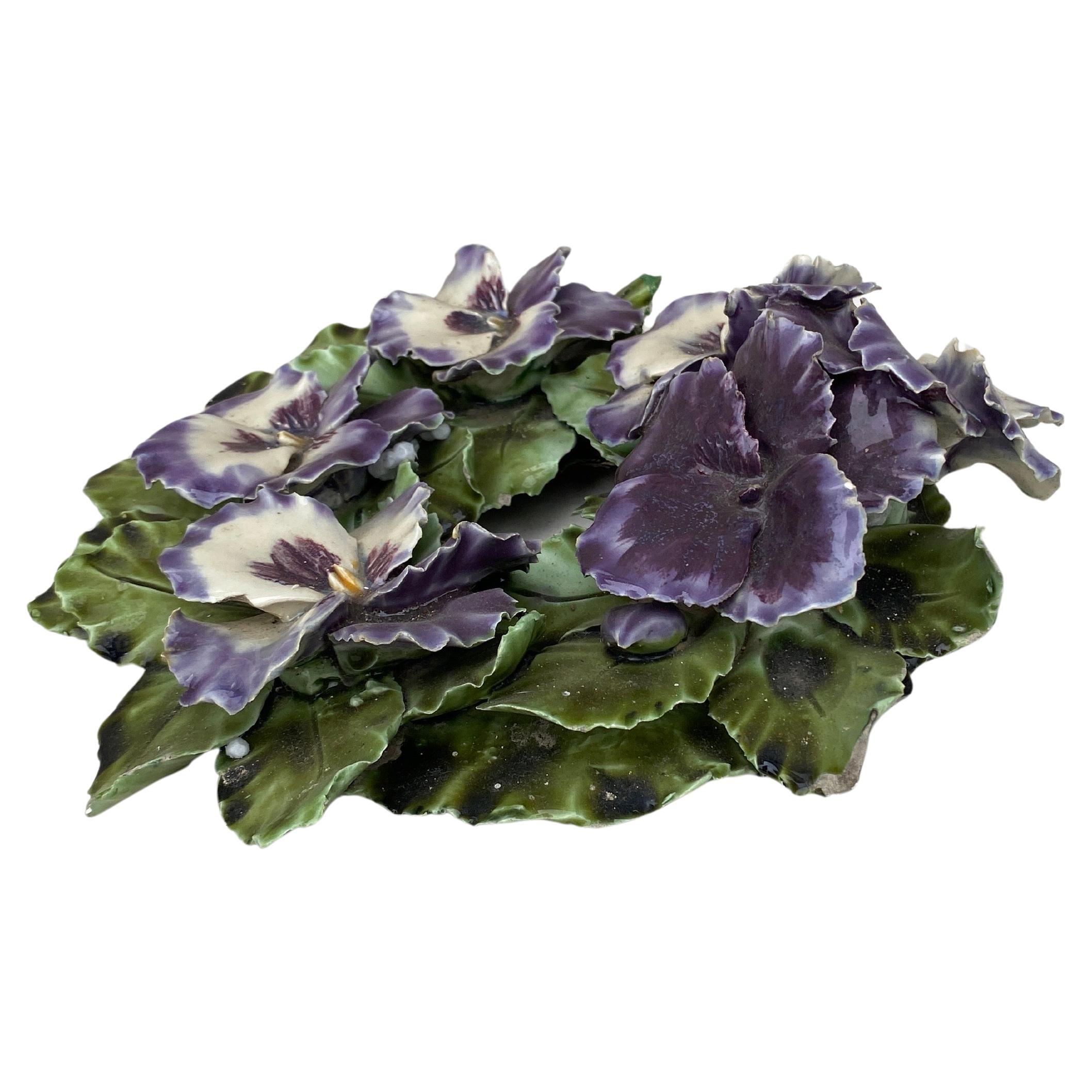 Country 19th Century French Majolica Pansies Crown Decoration For Sale