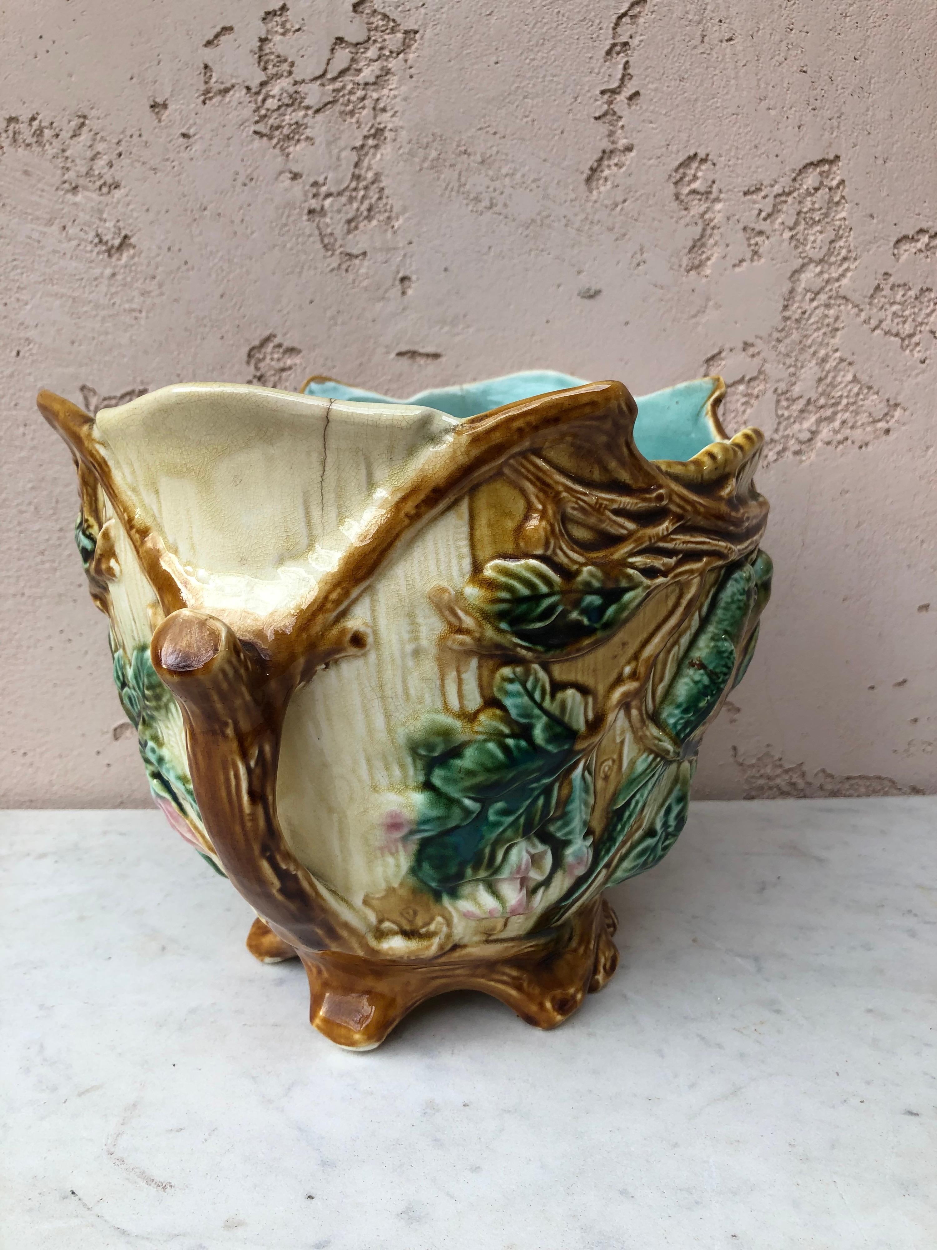 Ceramic 19th Century French Majolica Parakeets Cachepot Onnaing For Sale