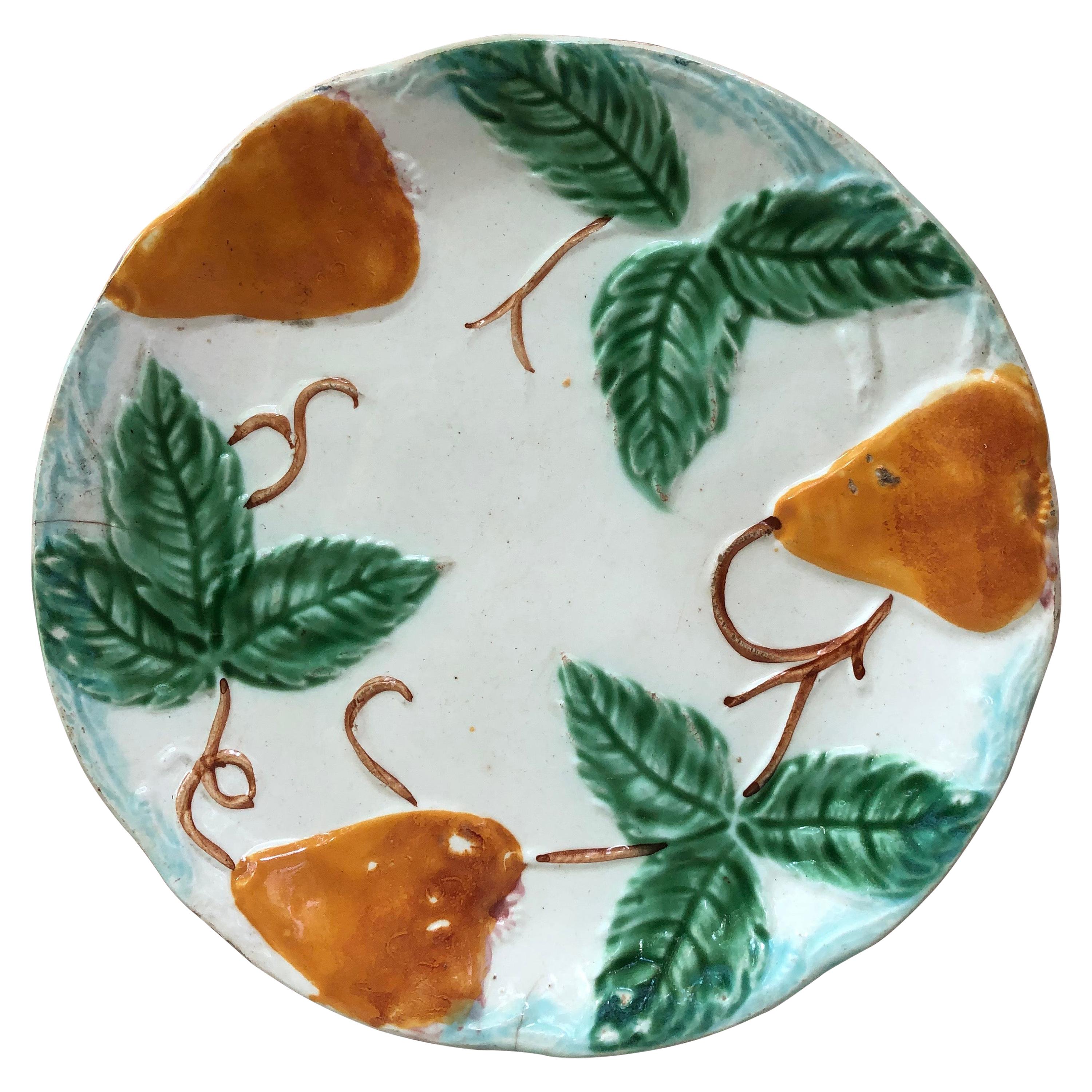 19th Century French Majolica Pear Plate For Sale