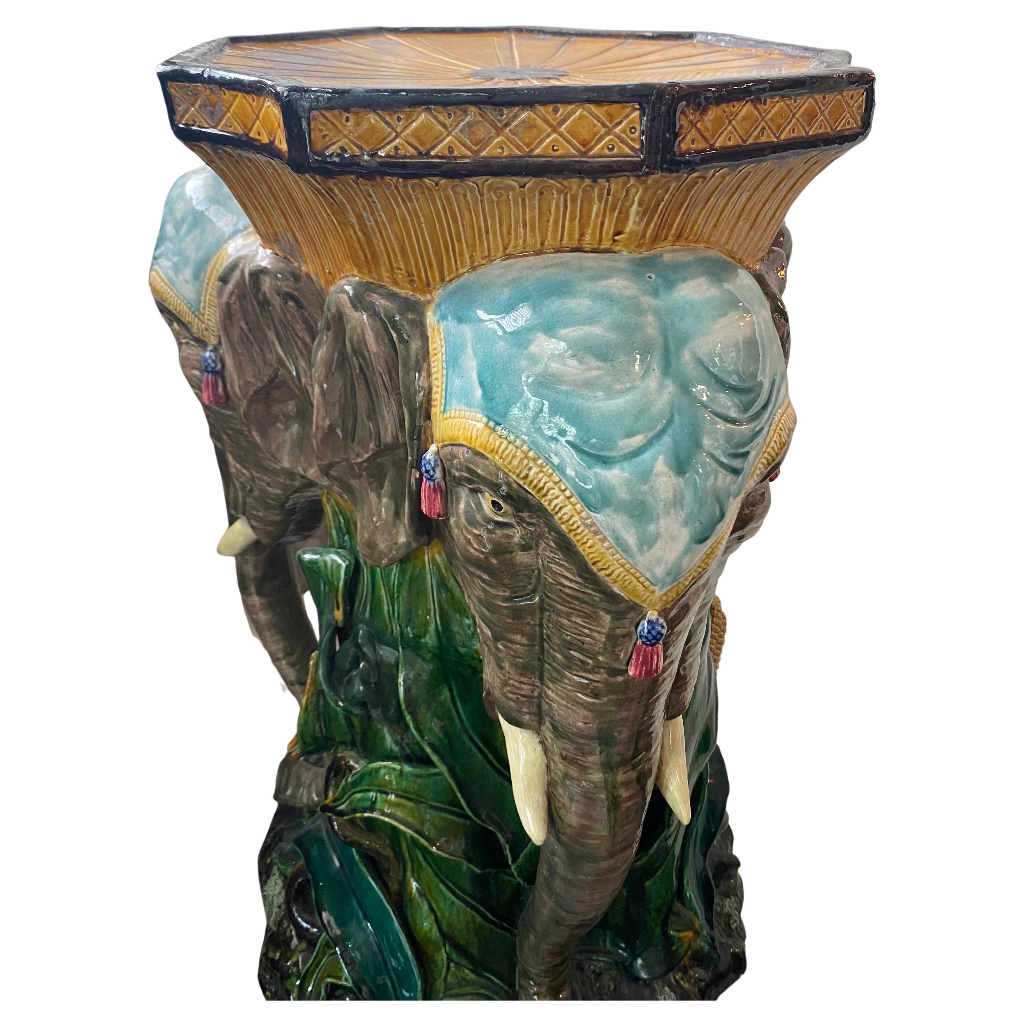 Victorian 19th Century French Majolica Pedestal Column with Elephants For Sale