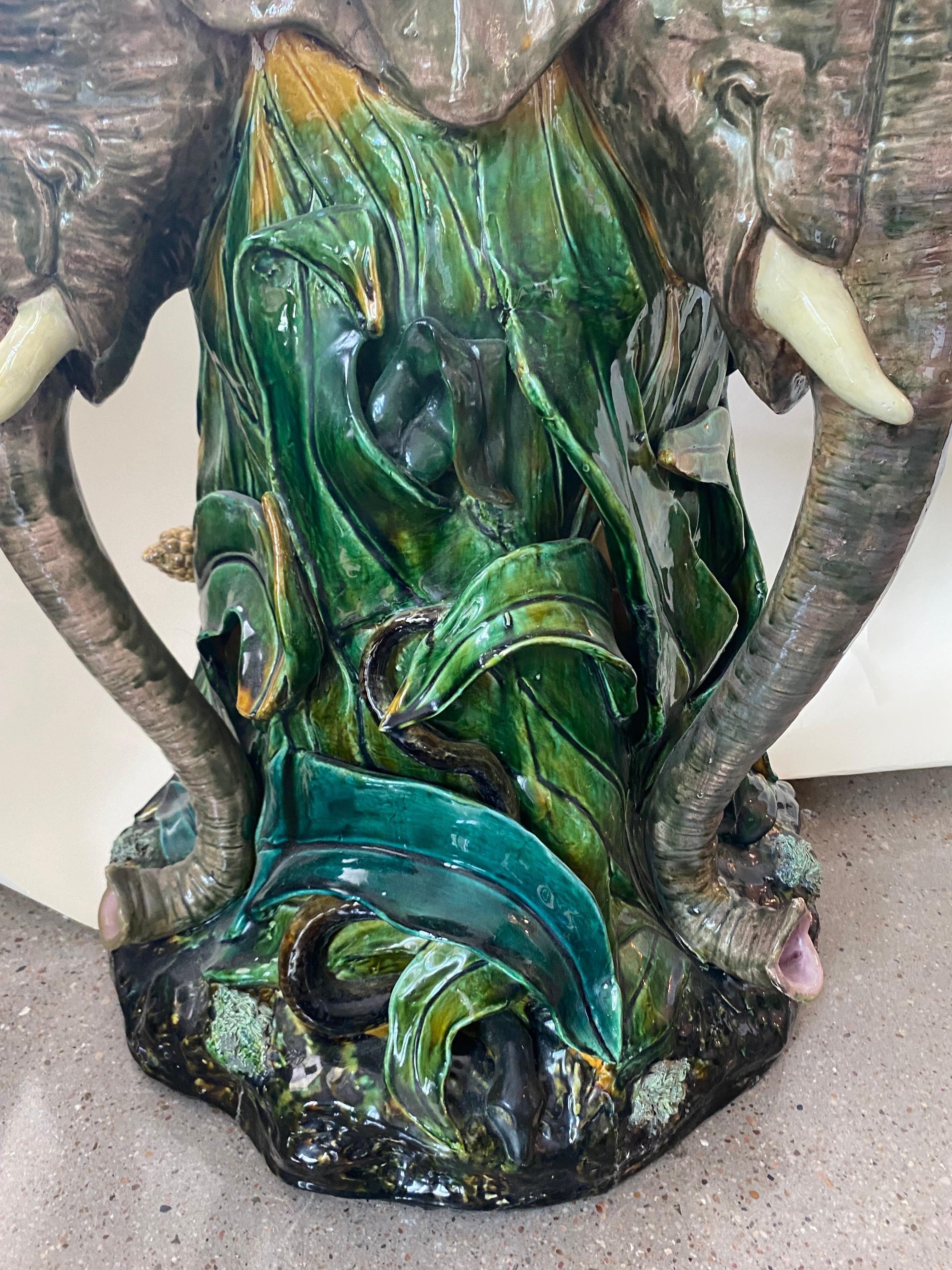 Late 19th Century 19th Century French Majolica Pedestal Column with Elephants For Sale