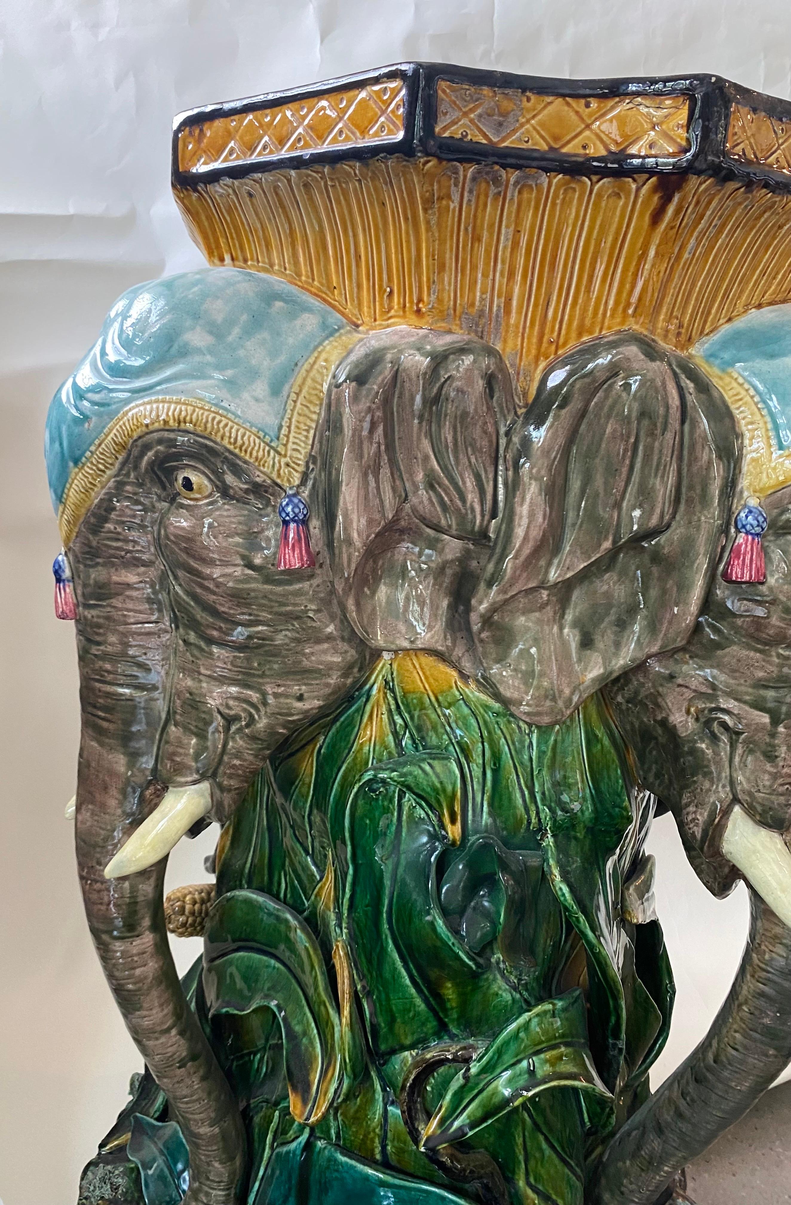 19th Century French Majolica Pedestal Column with Elephants For Sale 1