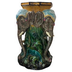19th Century French Majolica Pedestal Column with Elephants