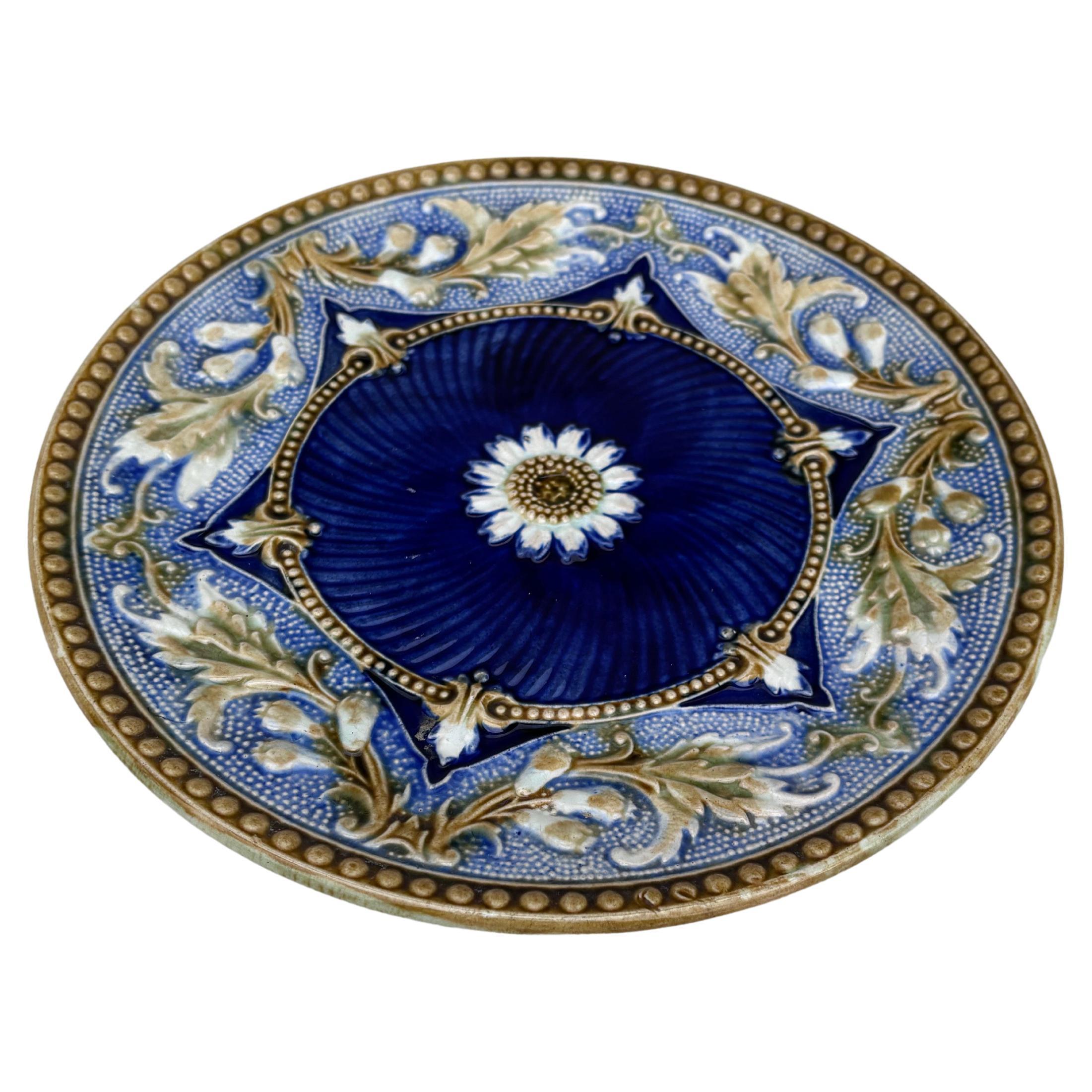 Rare blue French Majolica plate with flowers and acanthus leaves Orchies, circa 1890.