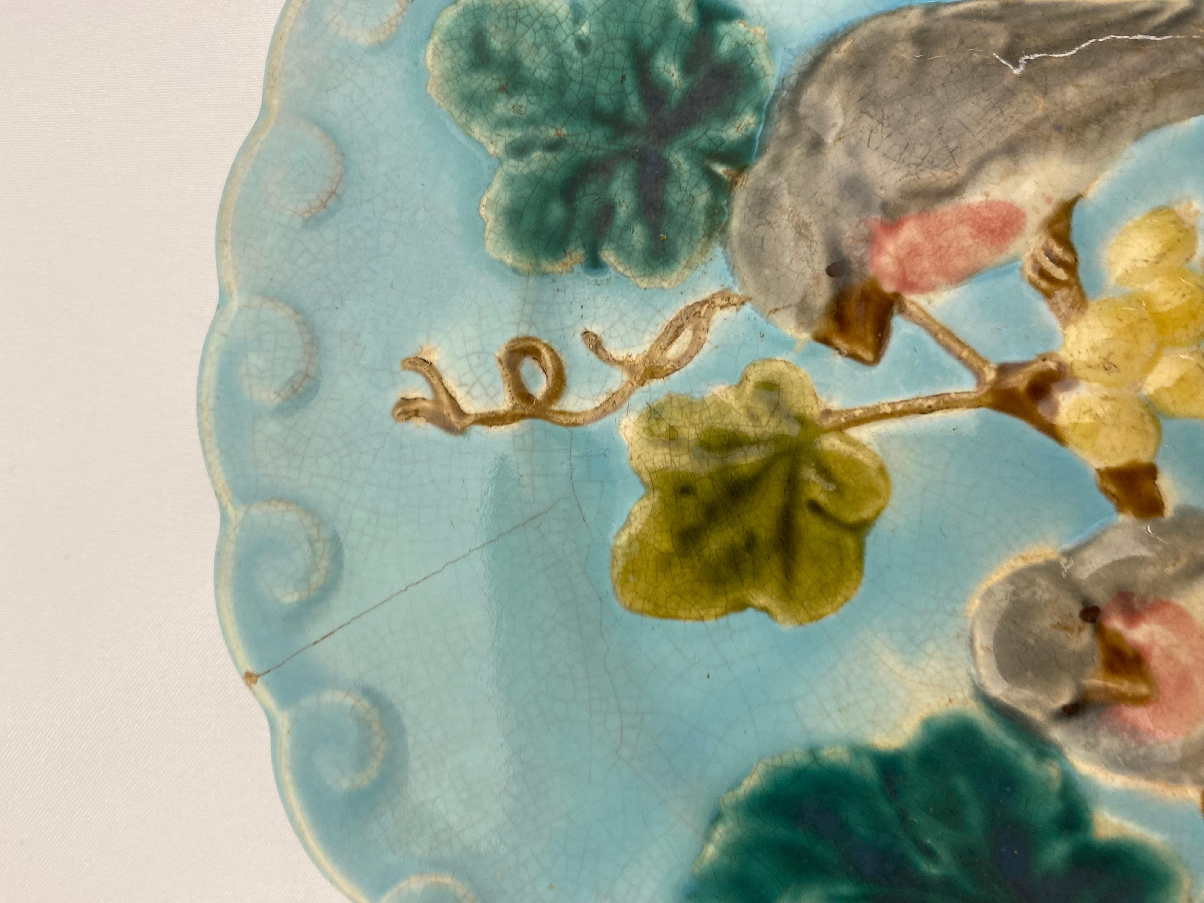 Piatto in maiolica francese del XIX secolo con uccelli e uva, smalto turchese,
Antico piatto a rilievo in maiolica con uccello e uva, Francia, XIX secolo,
Piatto vittoriano in maiolica francese con uccelli canori e viti d'uva,
Piatto in maiolica