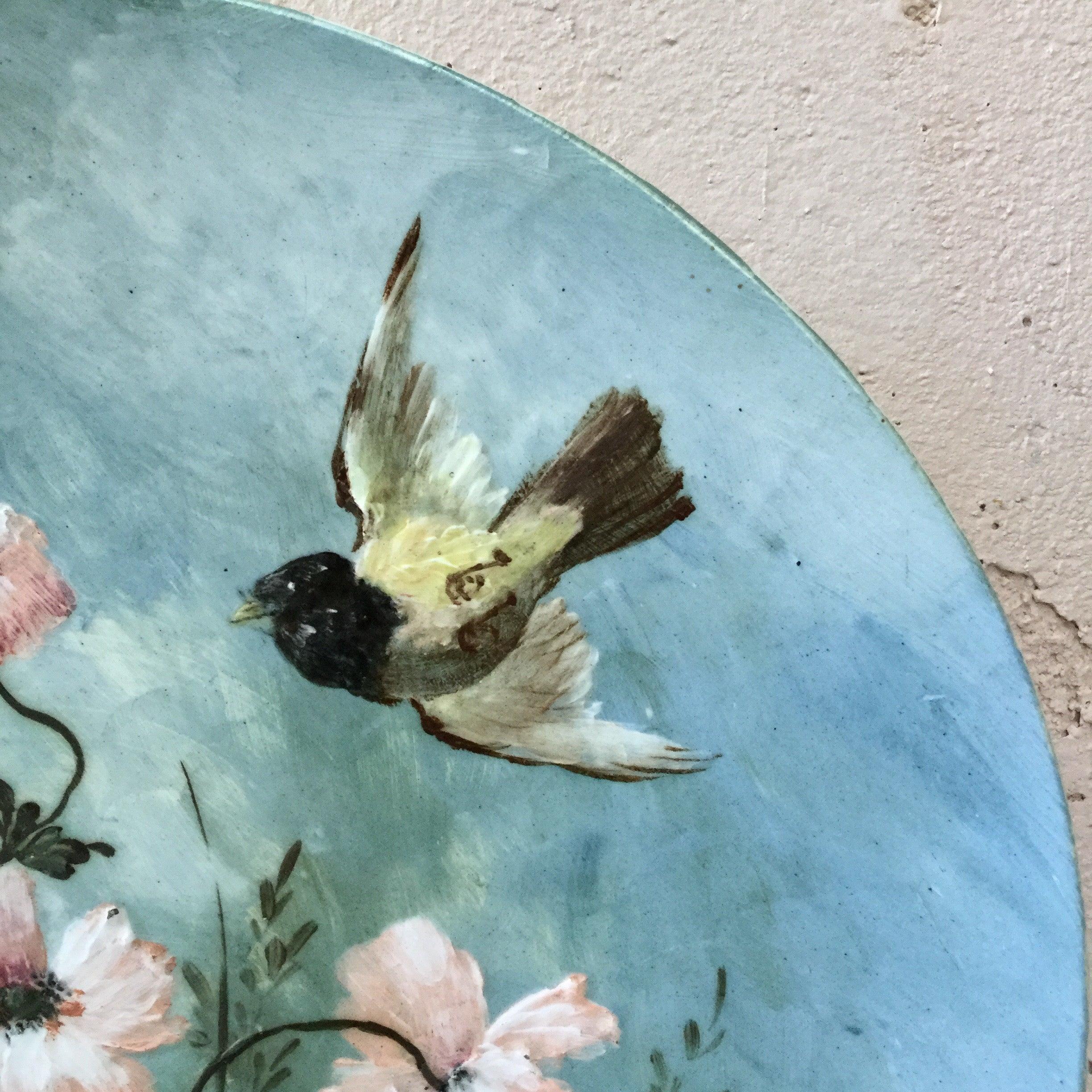 Hand-Painted 19th Century French Majolica Platter Bird and Flowers Longwy For Sale