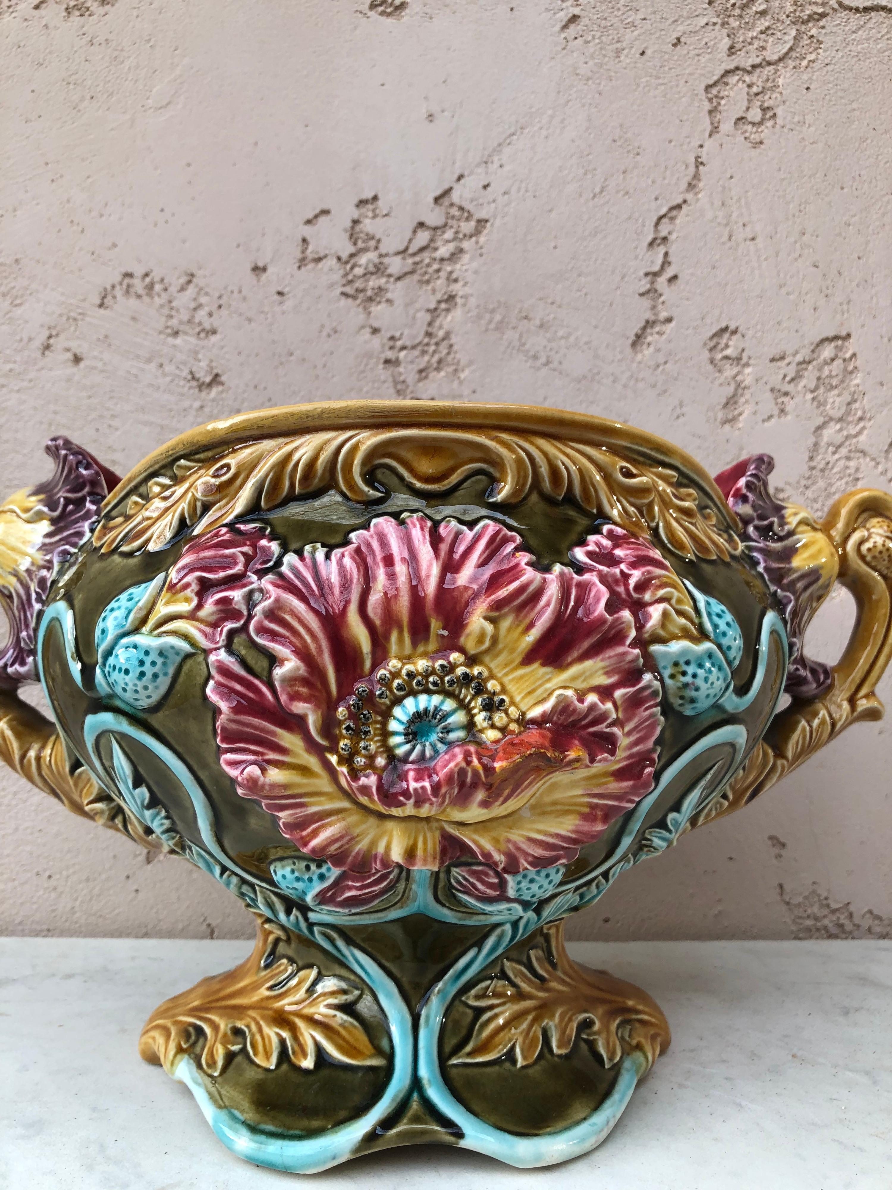 Art Nouveau 19th Century French Majolica Poppies Cachepot Onnaing For Sale