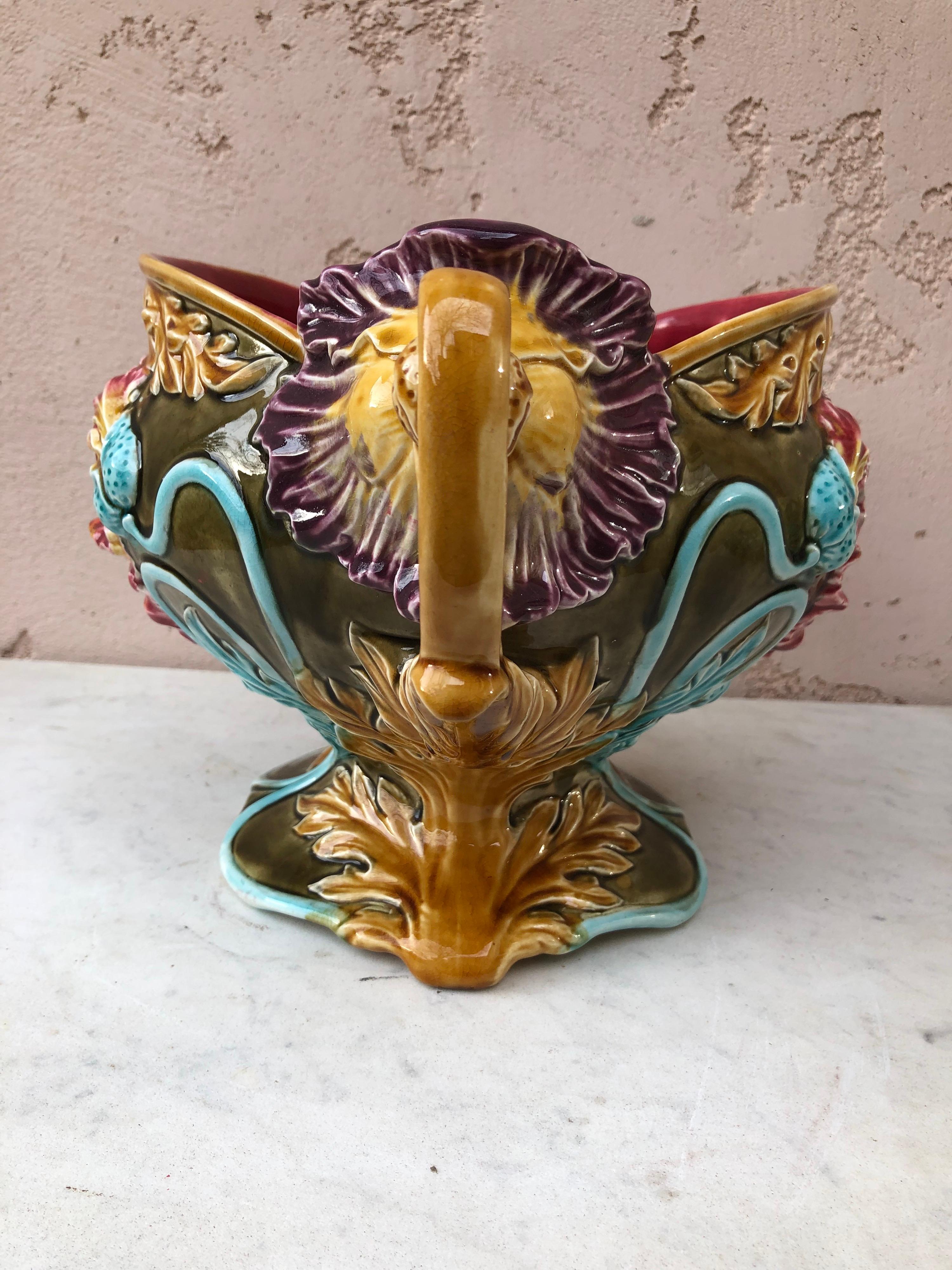 Late 19th Century 19th Century French Majolica Poppies Cachepot Onnaing For Sale
