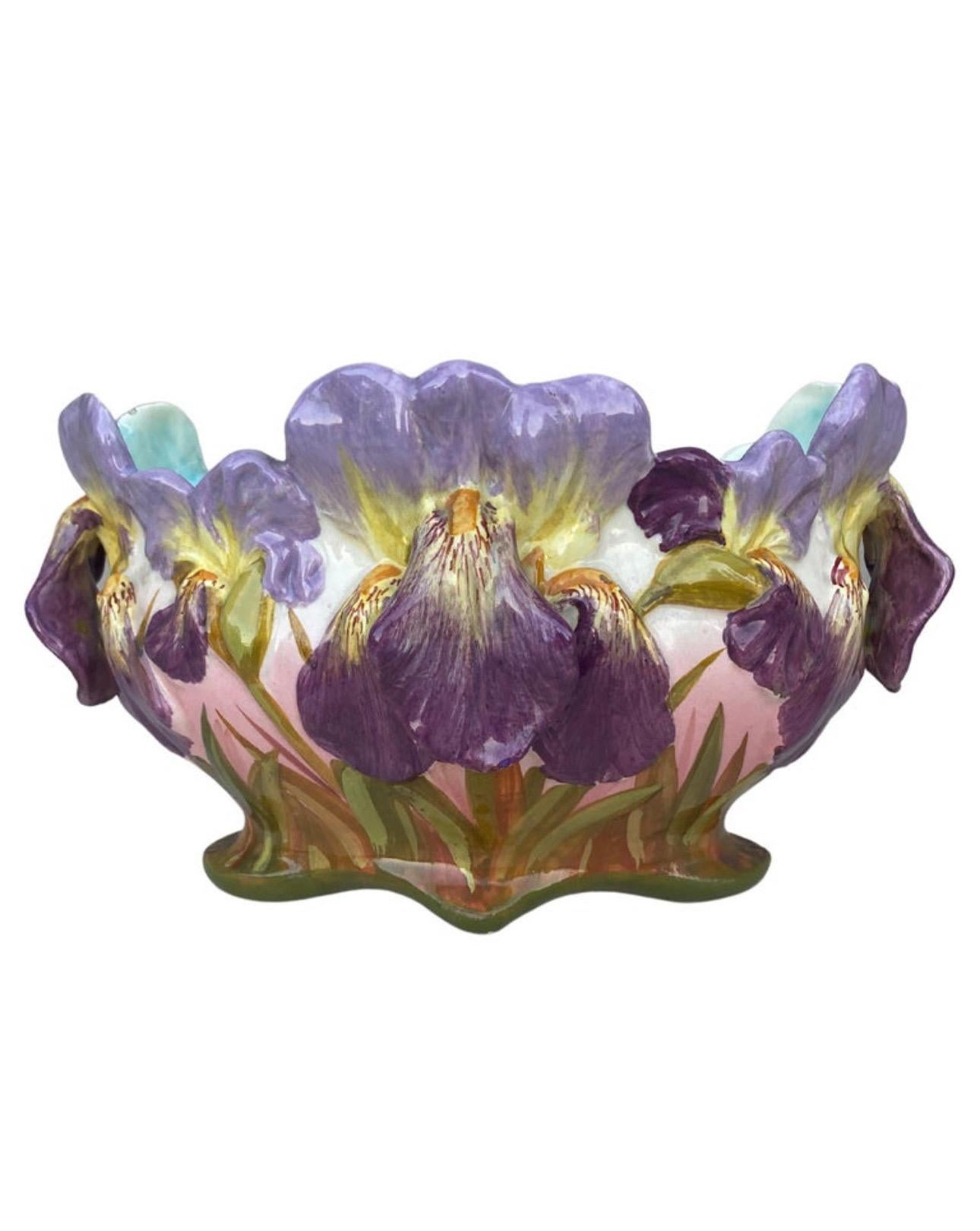 19th Century French Majolica Purple & Pink Iris Cache Pot For Sale 5