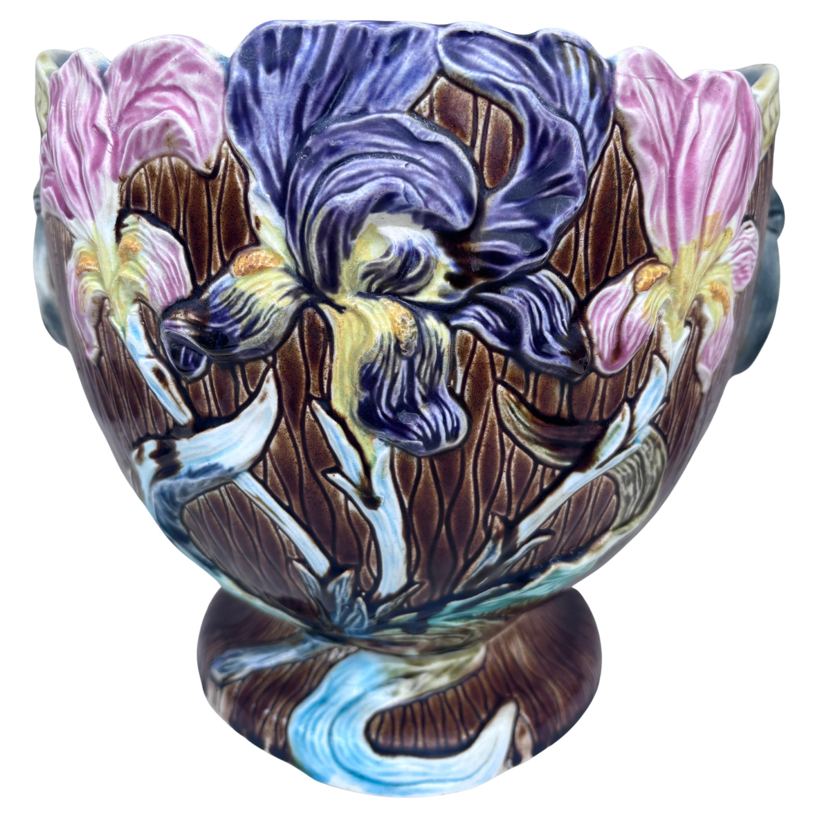 Art Nouveau 19th Century French Majolica Purple & Pink Iris Cache Pot For Sale