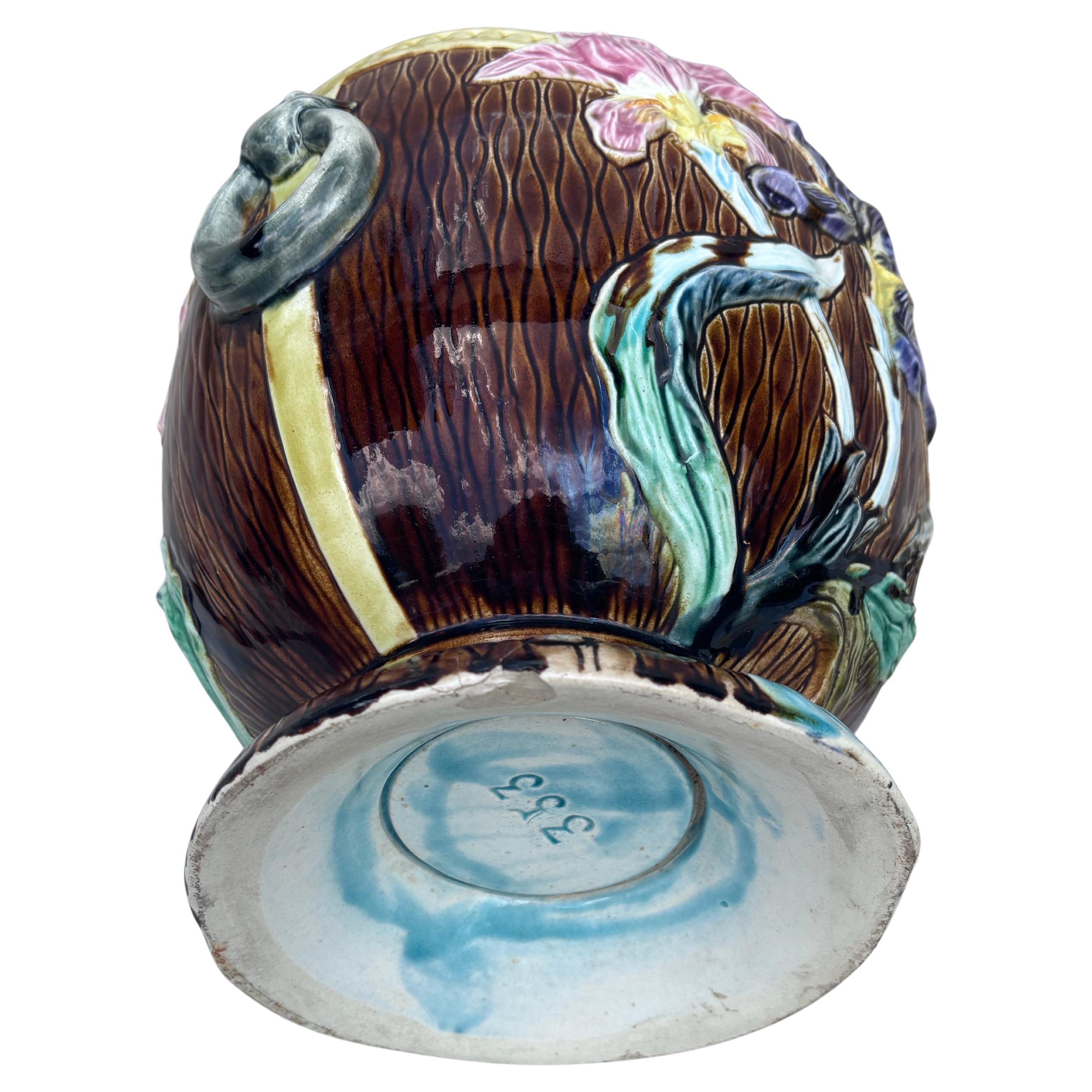 Late 19th Century 19th Century French Majolica Purple & Pink Iris Cache Pot For Sale