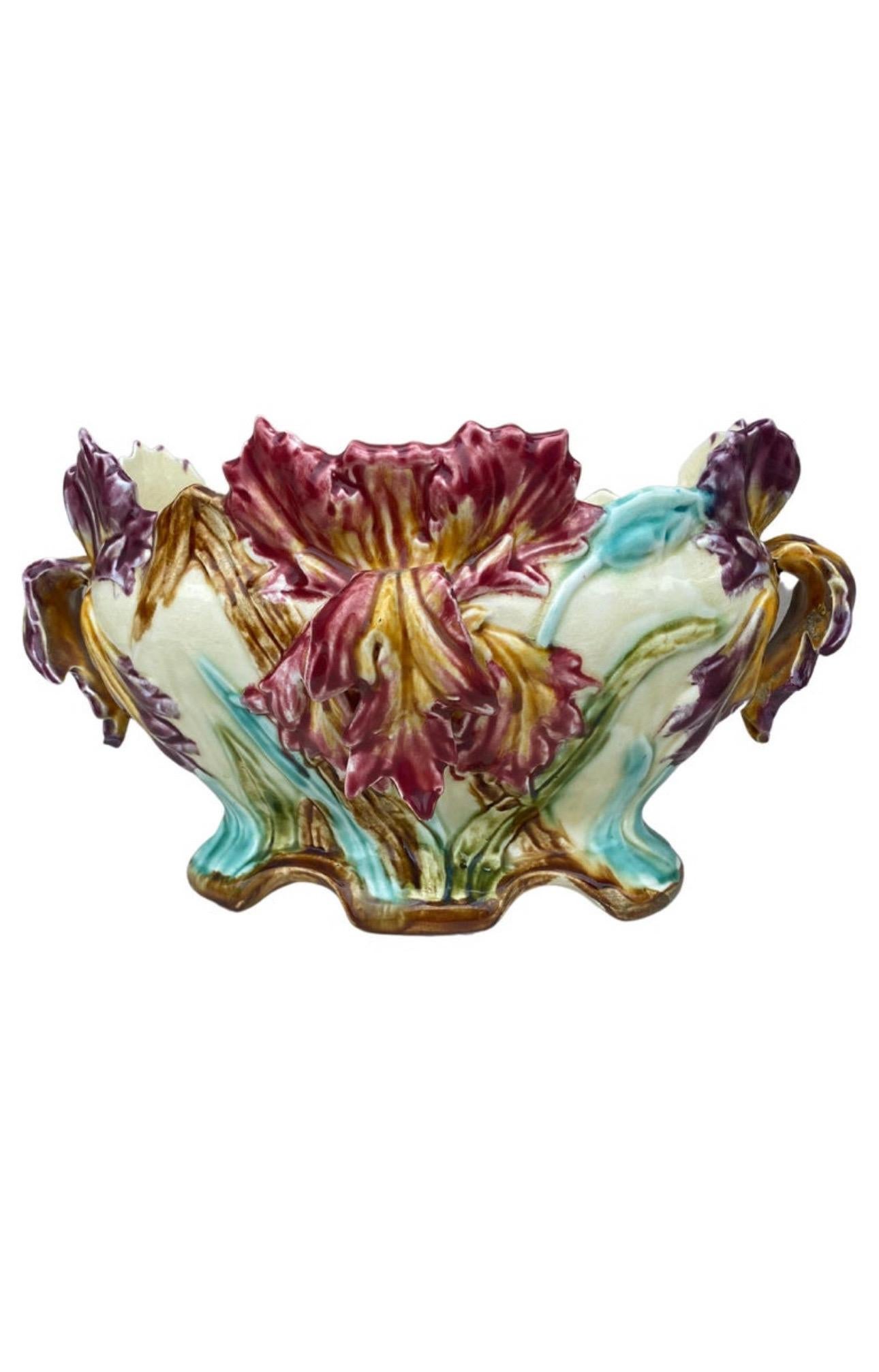 19th Century French Majolica Purple & Pink Iris Cache Pot For Sale 1