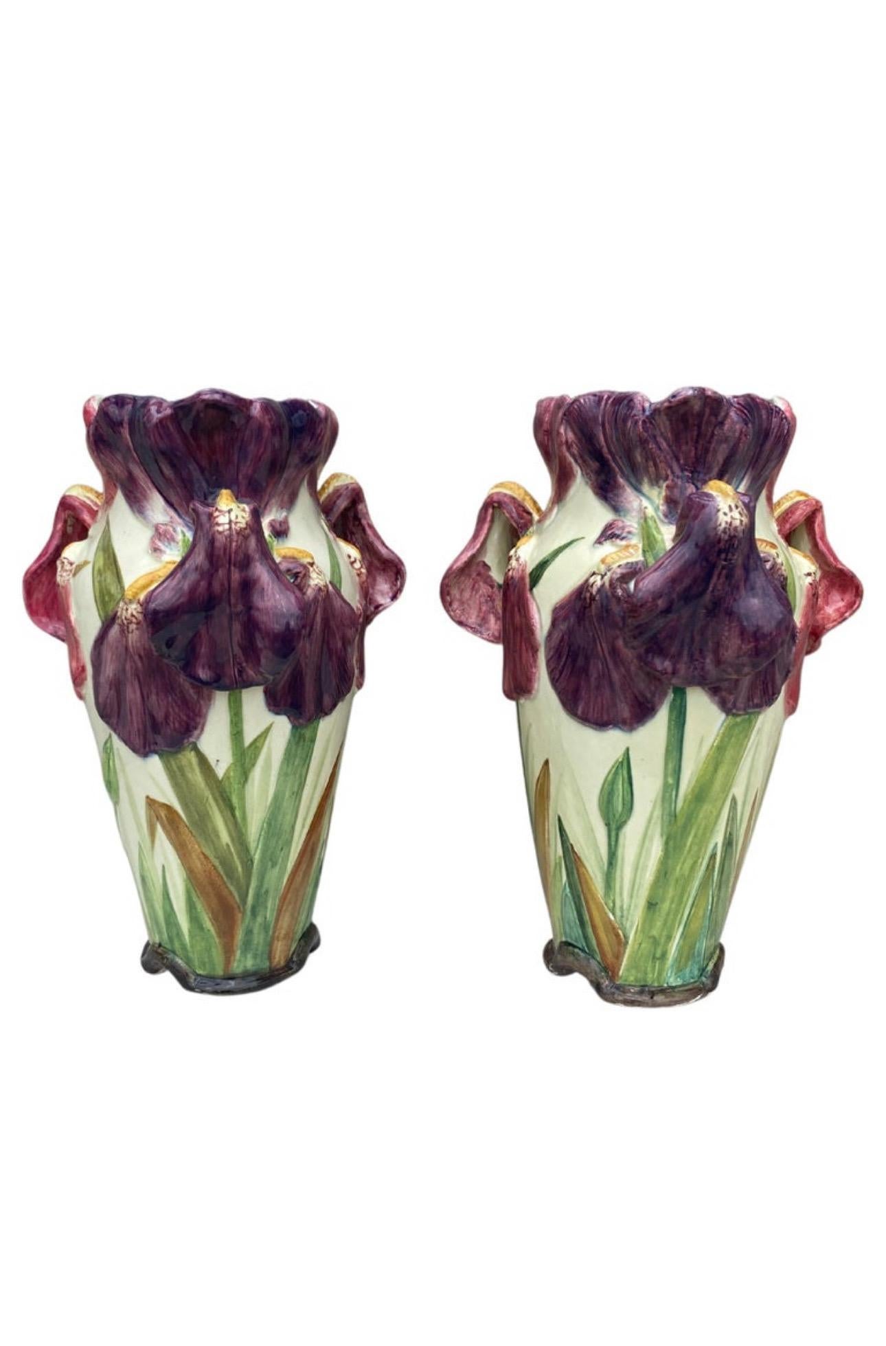 19th Century French Majolica Purple & Pink Iris Cache Pot For Sale 2