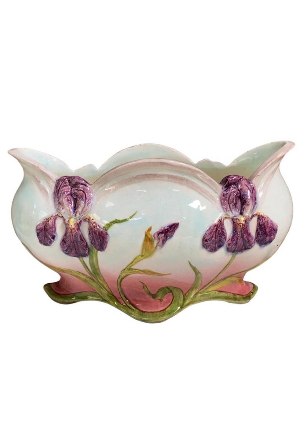 19th Century French Majolica Purple & Pink Iris Cache Pot For Sale 3