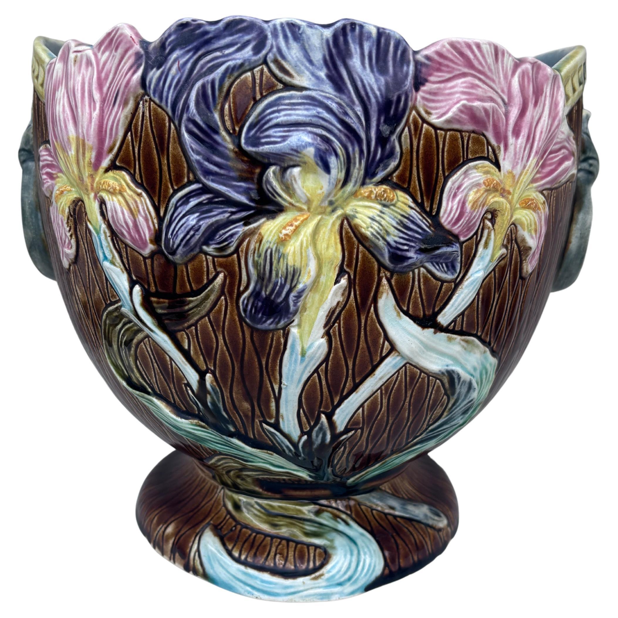 19th Century French Majolica Purple & Pink Iris Cache Pot For Sale