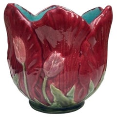 19th Century French Majolica Red Tulip Cache Pot
