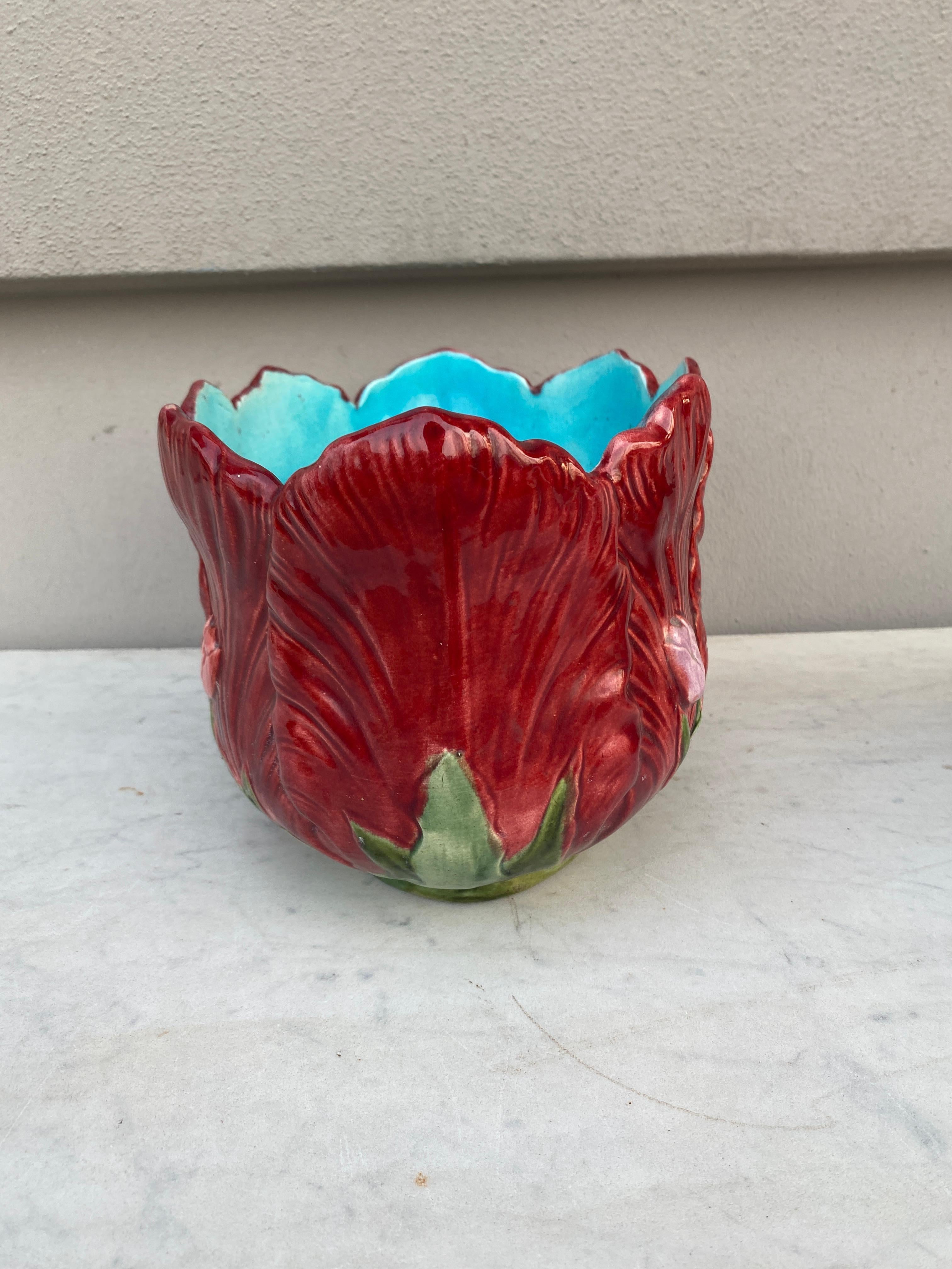 19th Century French Majolica Red Tulip Jardiniere In Good Condition In Austin, TX