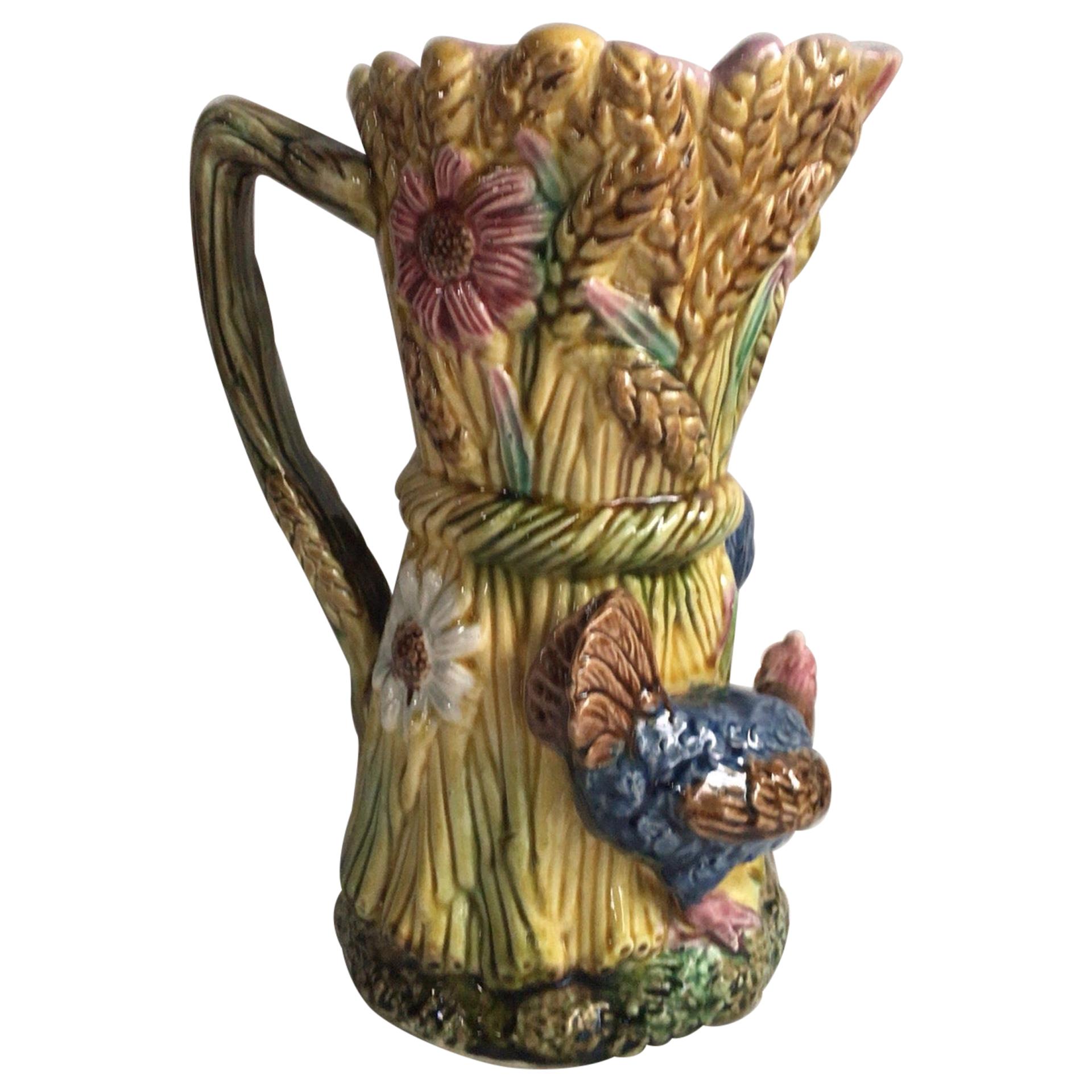 19th Century French Majolica Rooster and Hen Pitcher