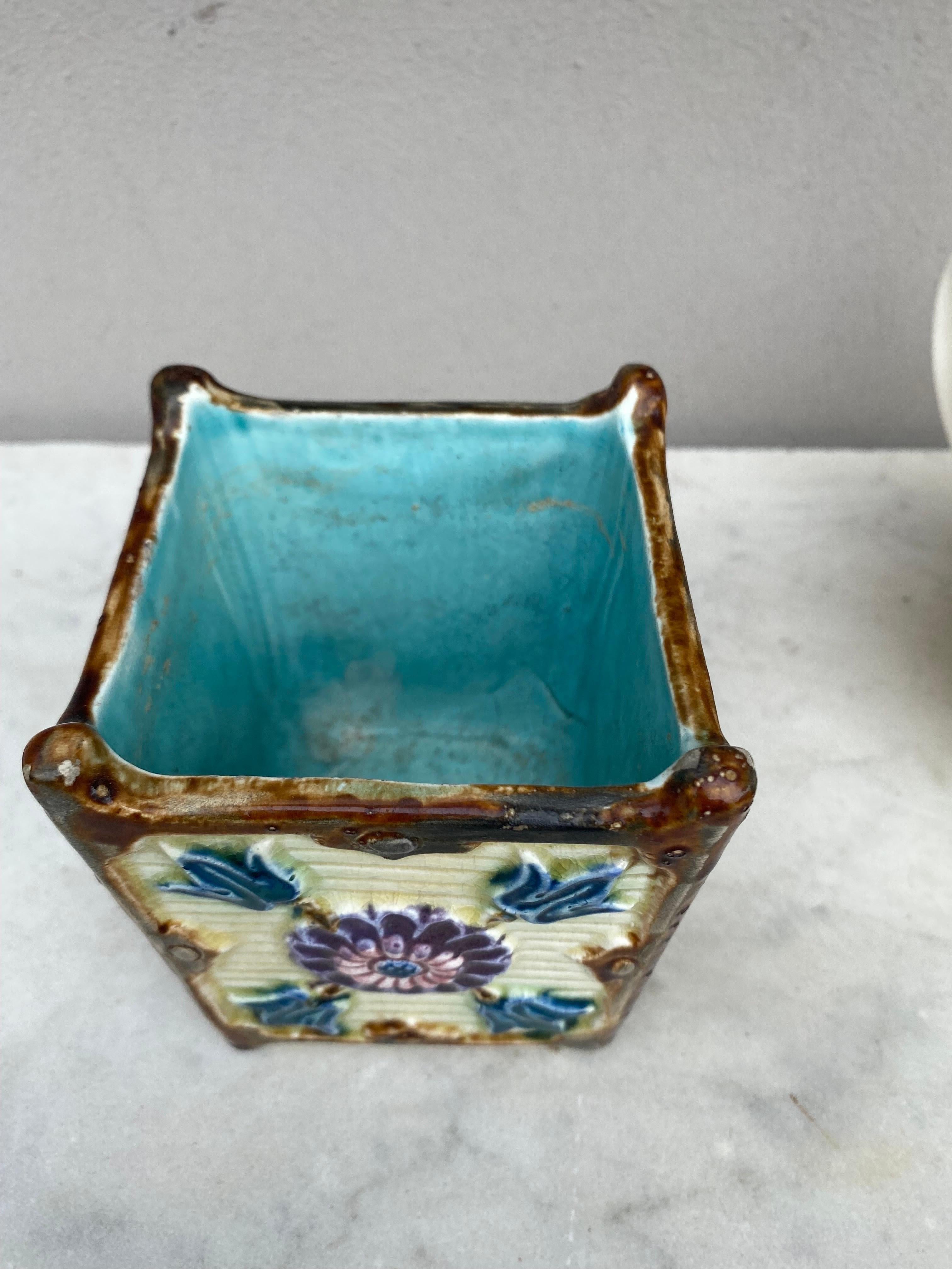 Late 19th Century 19th Century French Majolica Square Jardiniere Onnaing For Sale