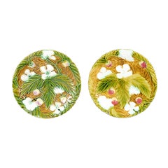 19th Century French Majolica Strawberry Plates with Floral and Foliage Decor