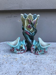 19th Century French Majolica Triple Fish Vase Fives Lille