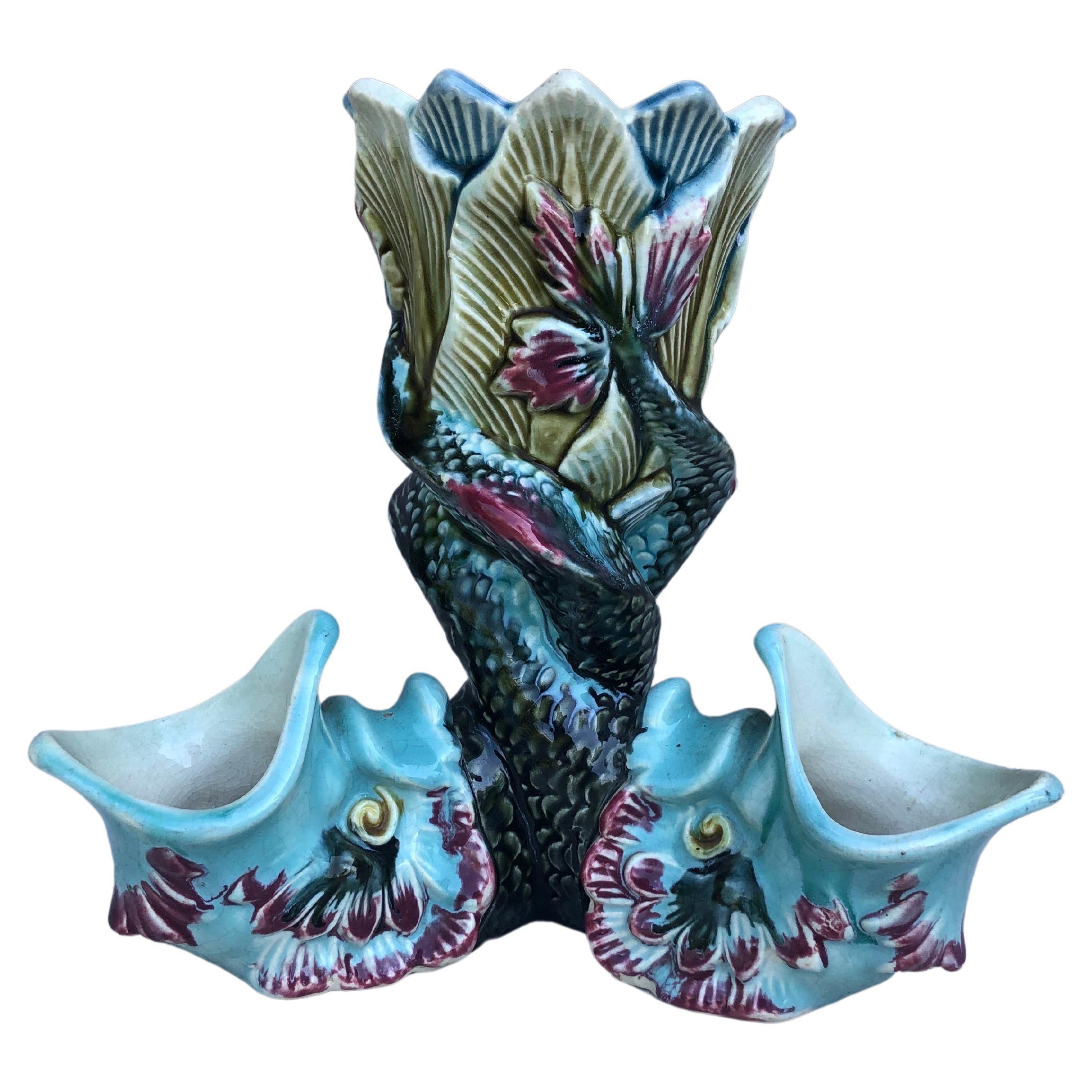 19th Century French Majolica Triple Fish Vase Fives Lille