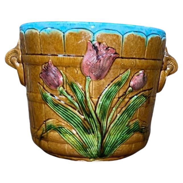 19th Century French Majolica Tulip Cache Pot In Good Condition In Austin, TX